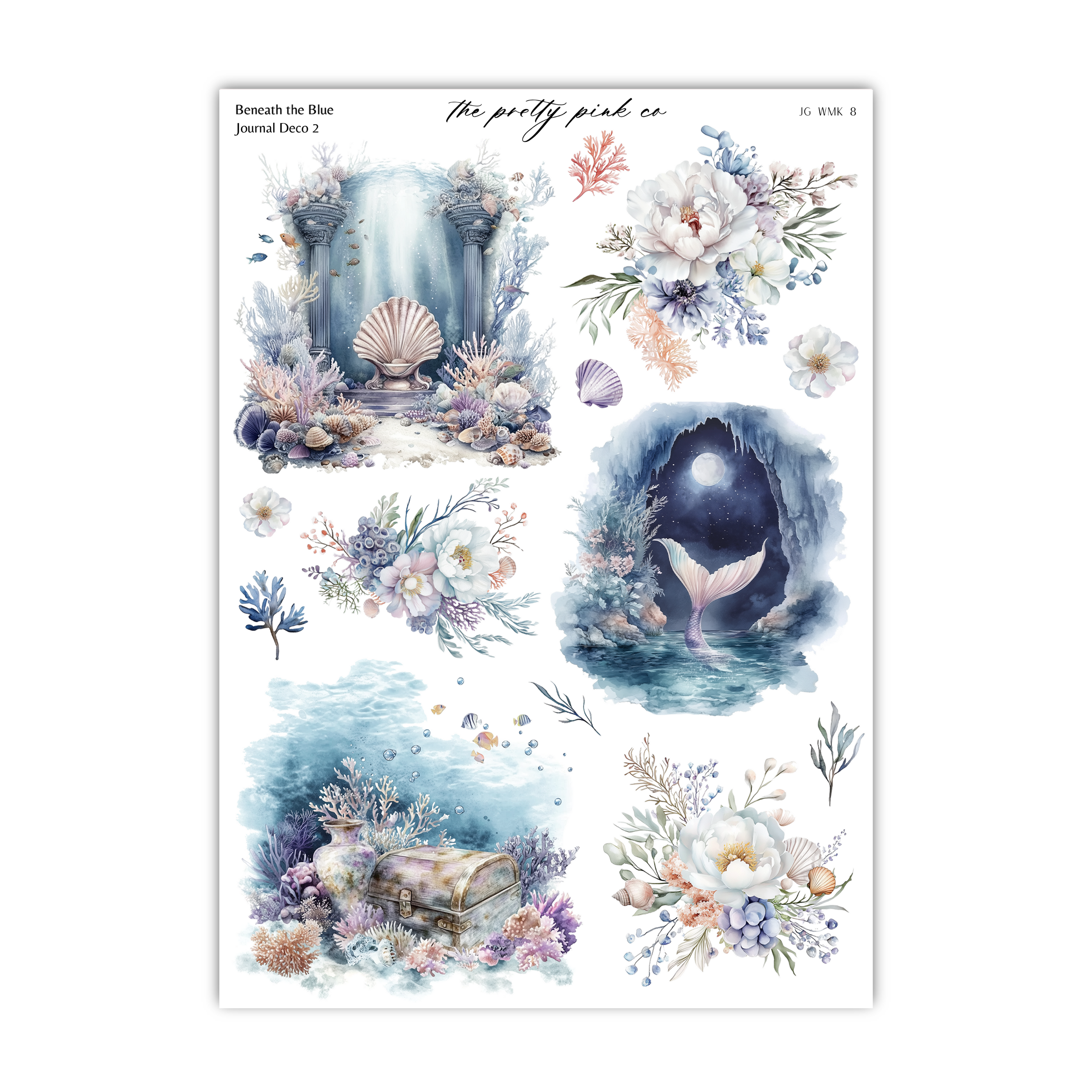 a sheet of watercolor stickers with a whale and flowers