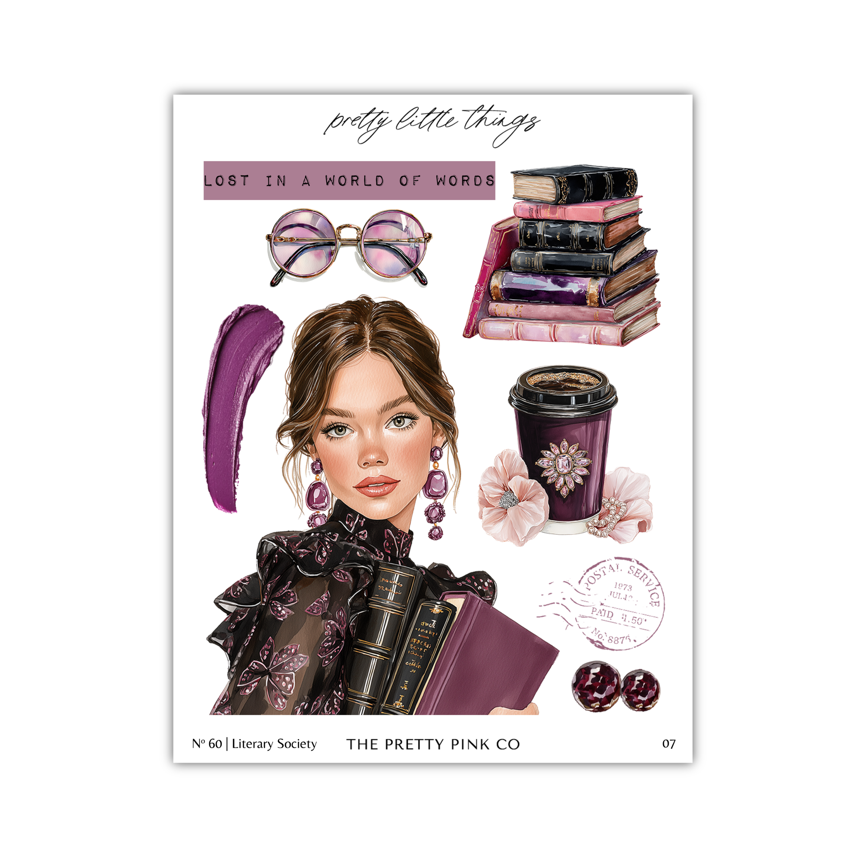The image is a collage featuring a woman with a book, glasses, flowers, and a cup of coffee.