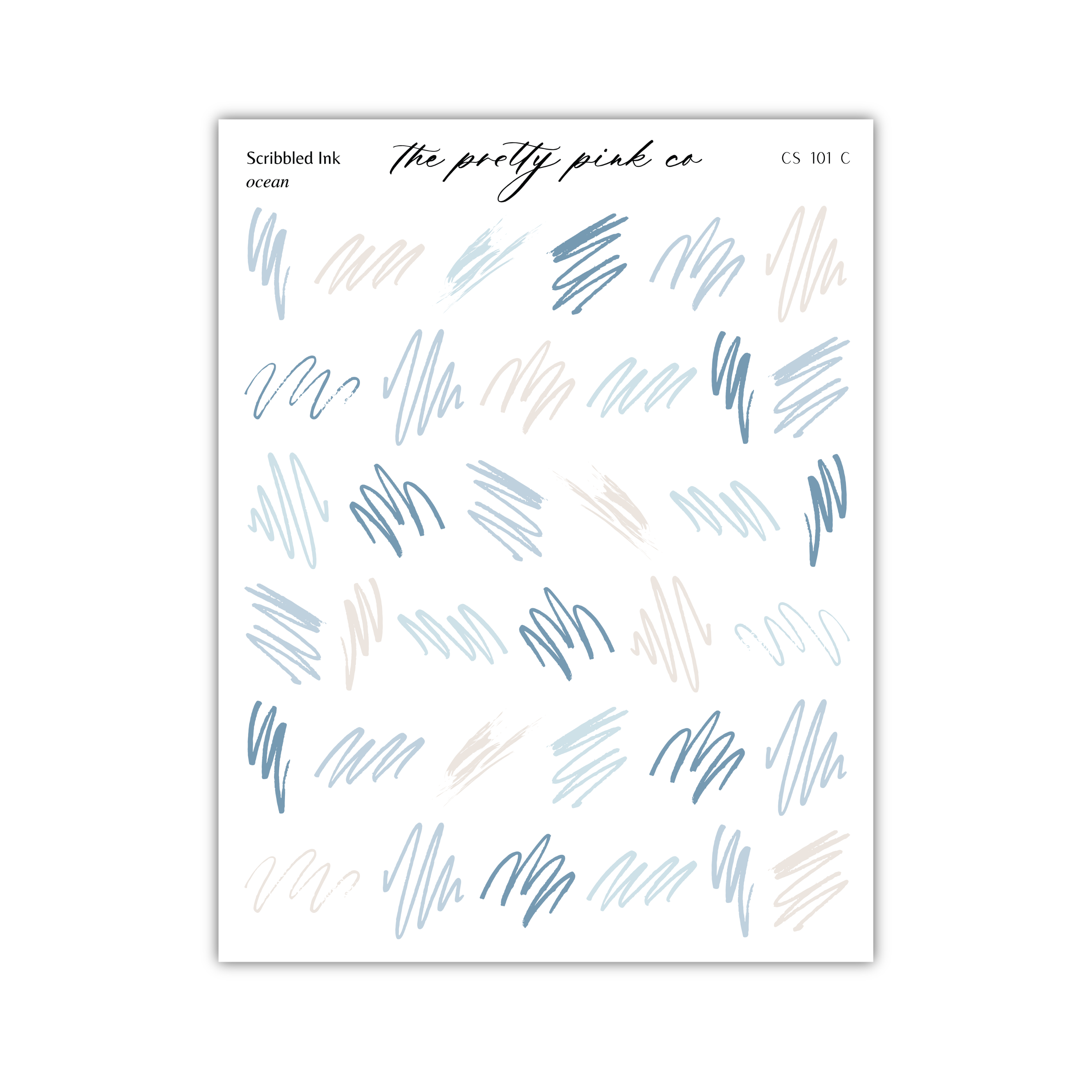 a collection of abstract brush strokes in various shades of blue, pink, and beige, arranged in a grid-like pattern.