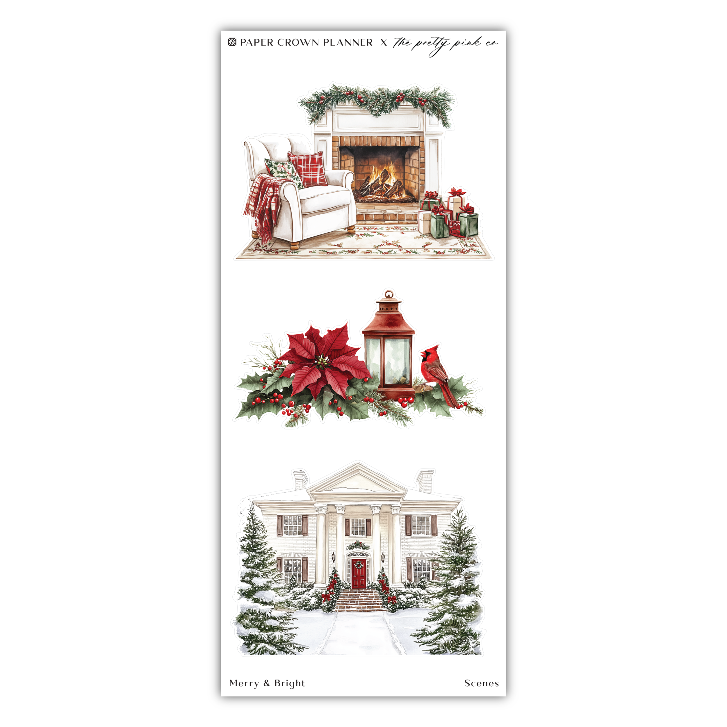 two christmas cards with a house and a fireplace