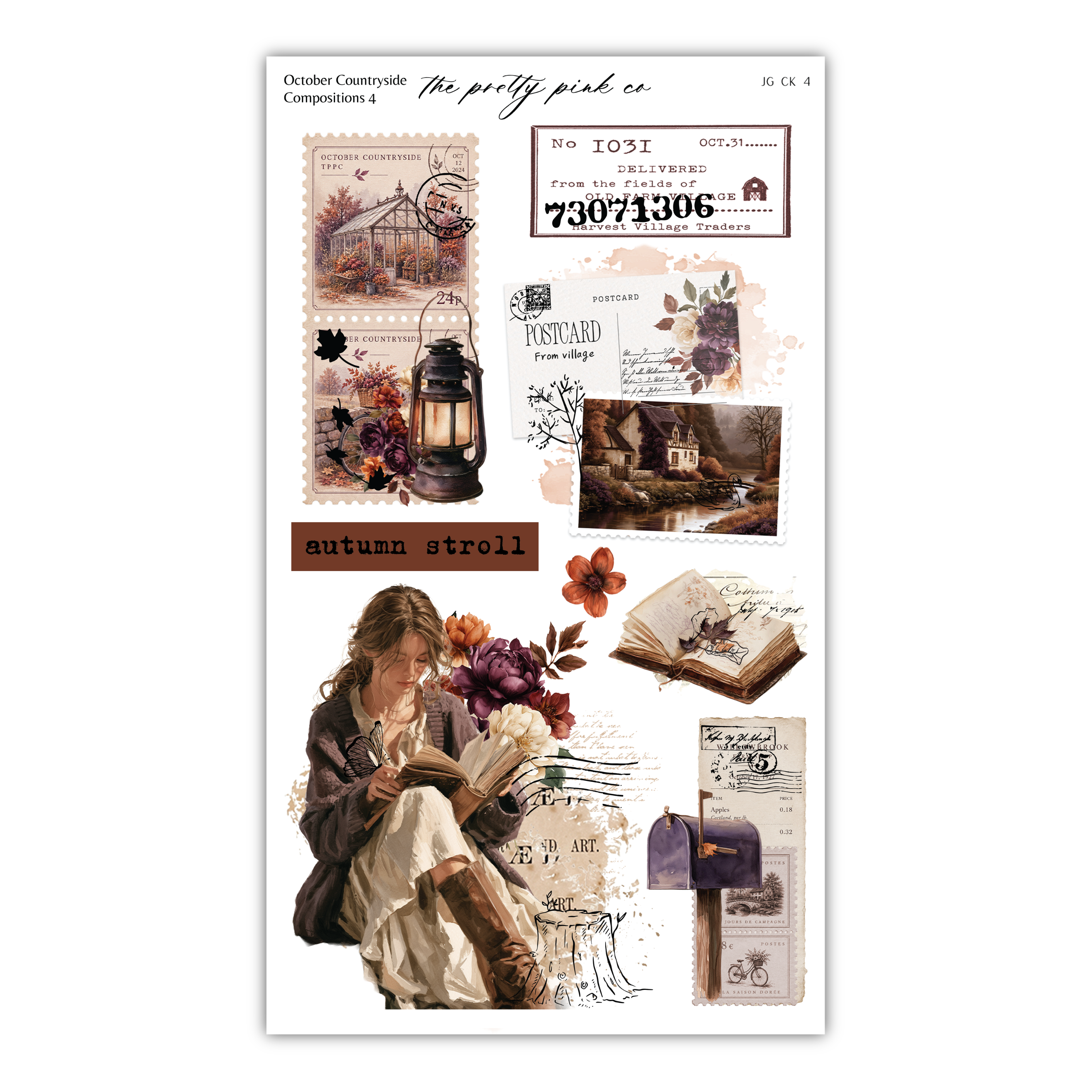 The image is a collage of various autumn-themed elements, including a woman reading a book, a lantern, a postcard, and a mailbox. The collage also includes a postcard, a stamp, and a floral illustration.
