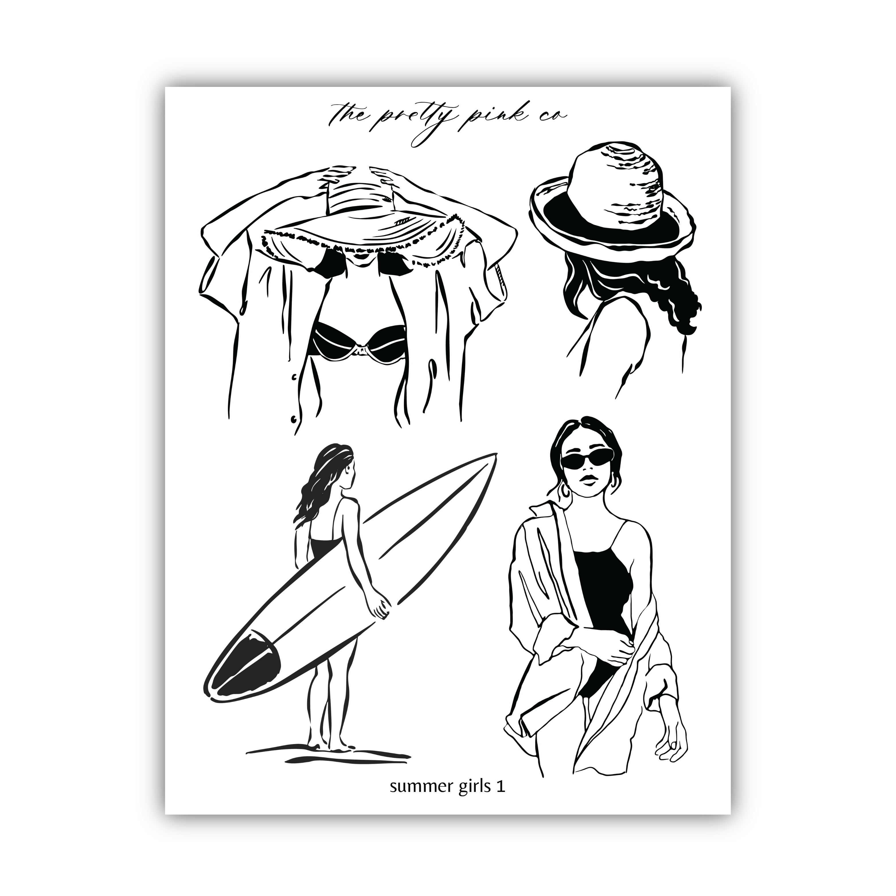 a collection of stylized illustrations depicting various summer-related activities, including a woman holding a surfboard, a woman with a hat, and a woman with sunglasses.