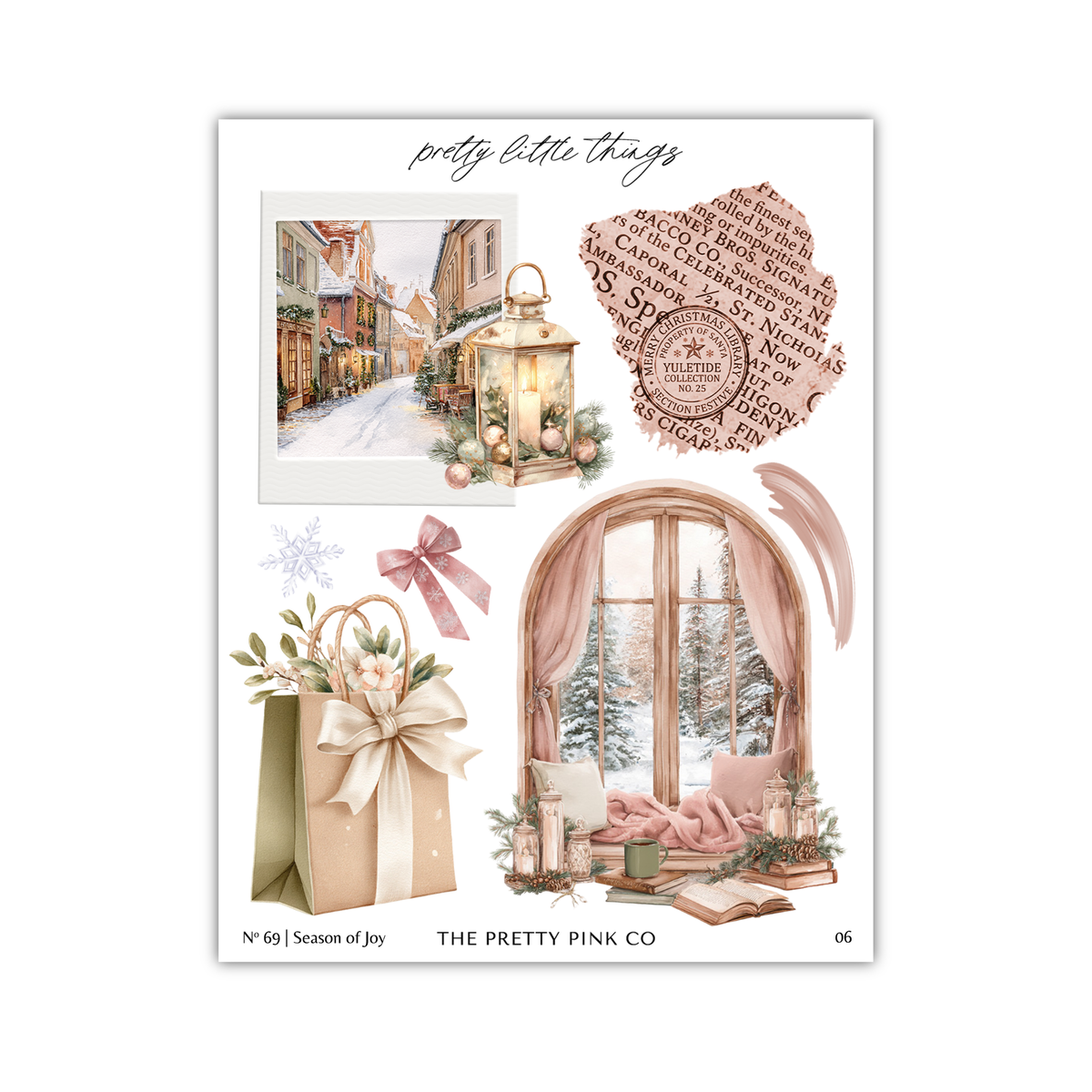 The image is a collage of various decorative elements, including a lantern, a window, a gift bag, and other festive or holiday-themed items. The collage is titled "pretty little things" and includes a text that reads "season of joy" and "THE PINK CO".
