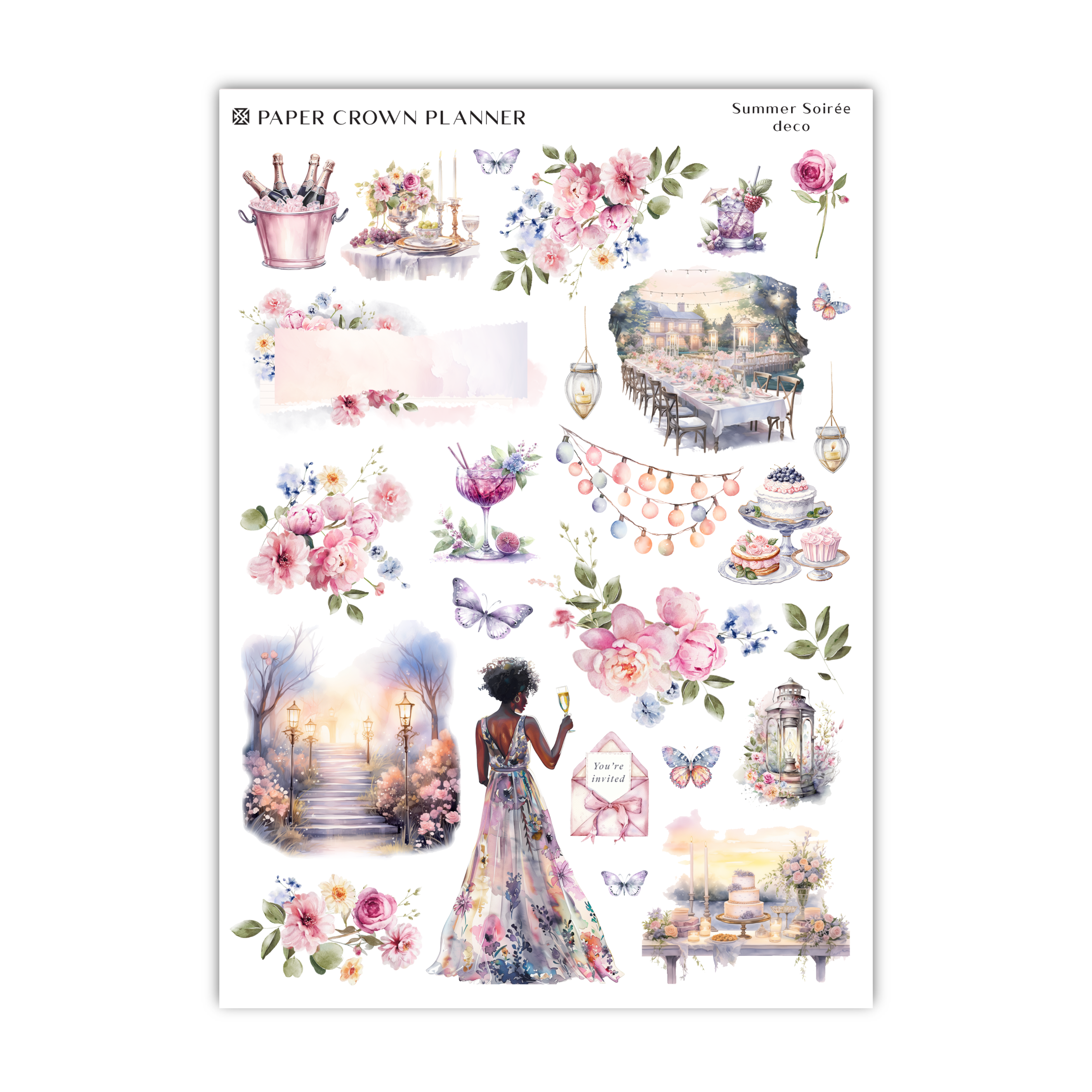 a sticker sheet with a woman in a dress and flowers