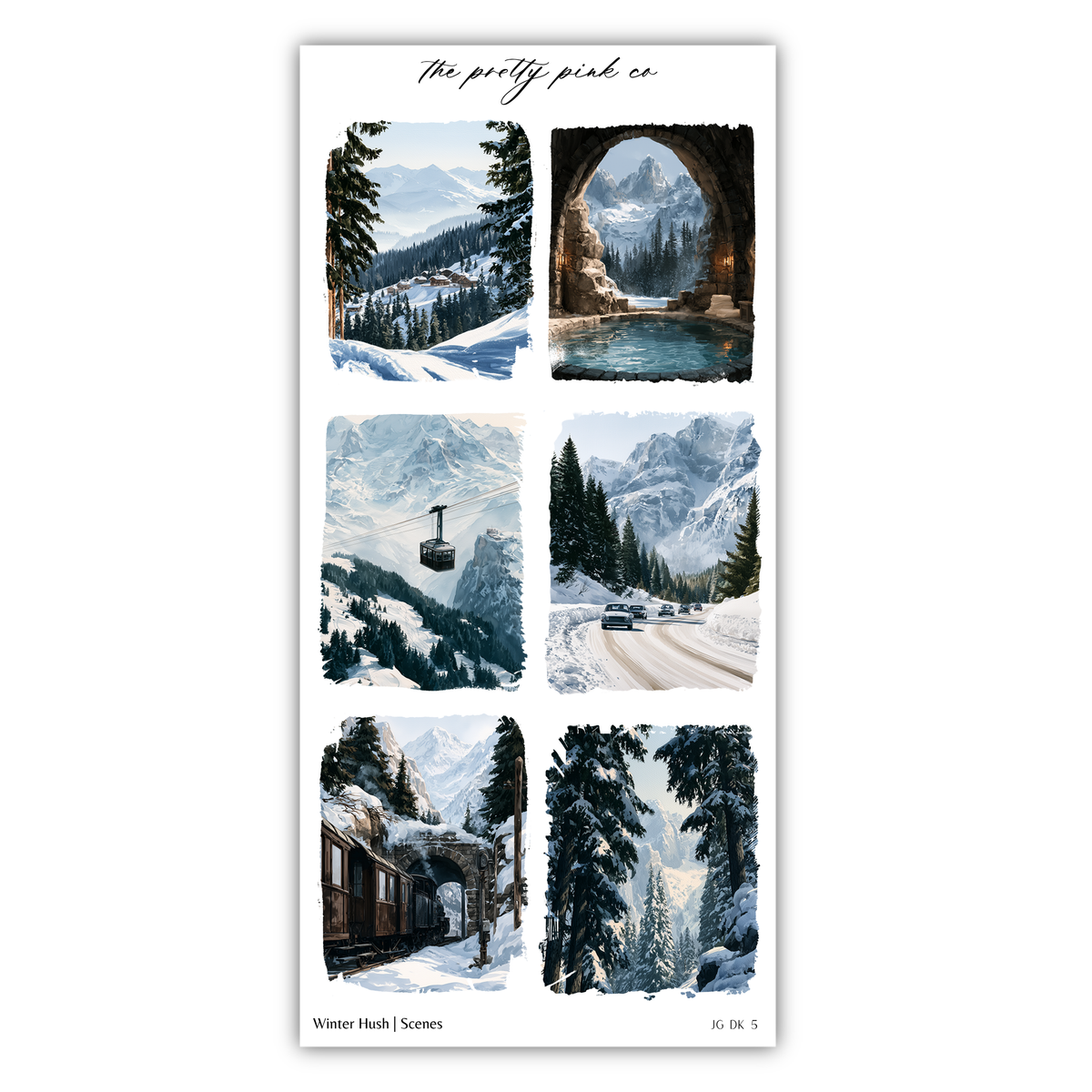 The image is a collage of six winter scenes, including a snowy mountain landscape, a ski lift, a snowy road, a snowy forest, a snowy mountain peak, and a snowy mountain valley.