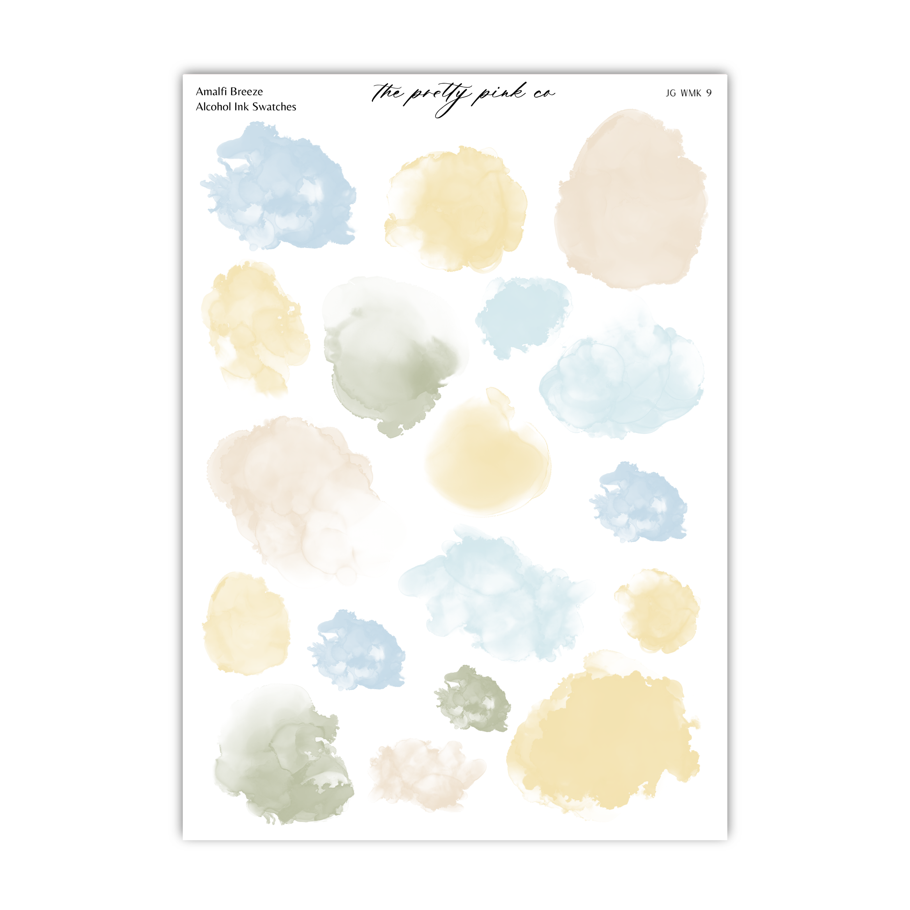 a variety of abstract watercolor brush strokes in different colors, including blue, yellow, and green, arranged in a grid-like pattern.