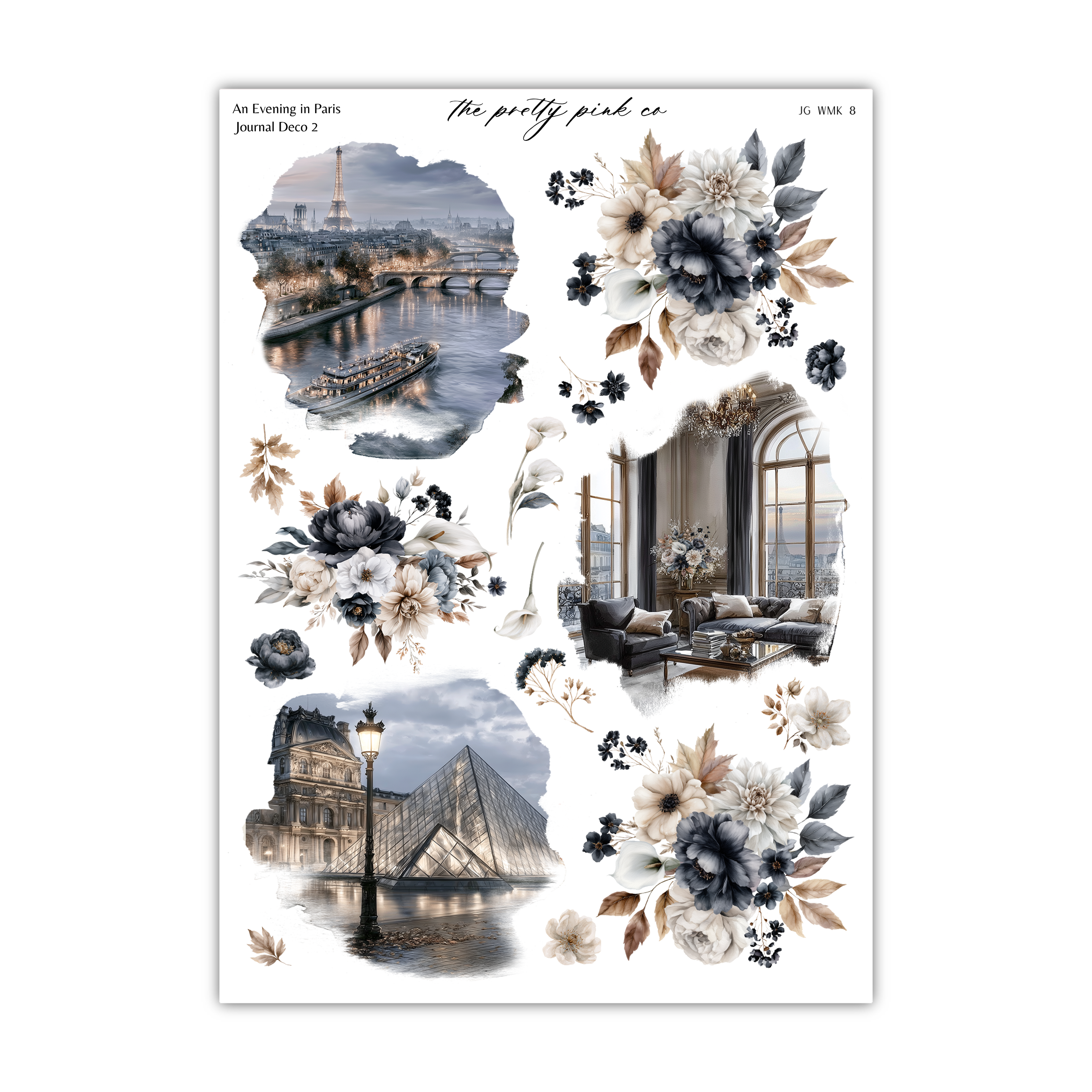 The image is a collage of various scenes and elements, including a cityscape, a boat on a river, a building, a lamp post, and flowers. The collage is titled "An Evening in Paris" and includes the text "The pretty pink co" and "JKWMK 8".