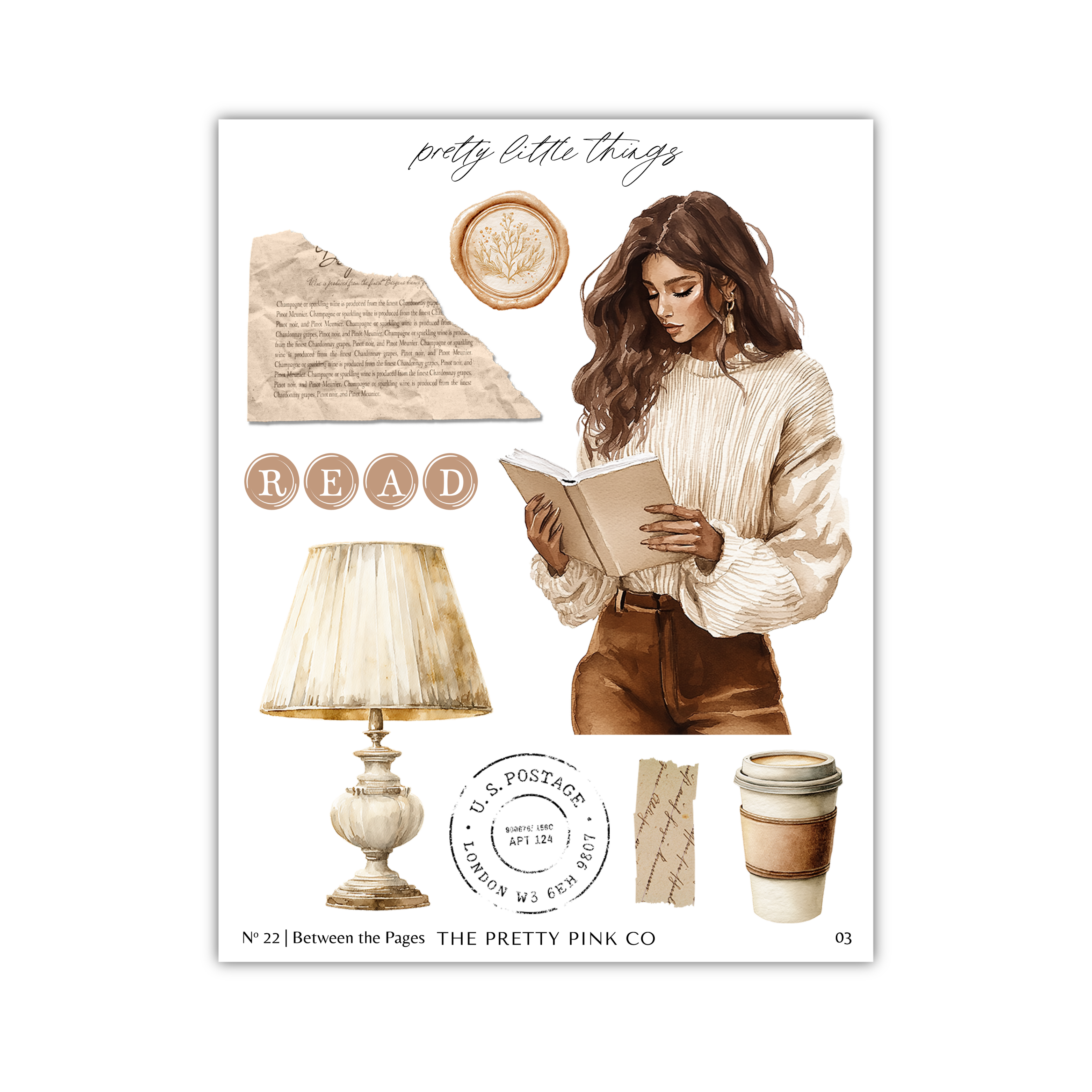 The image is a collage featuring a woman reading a book, a lamp, a coffee cup, and some text.