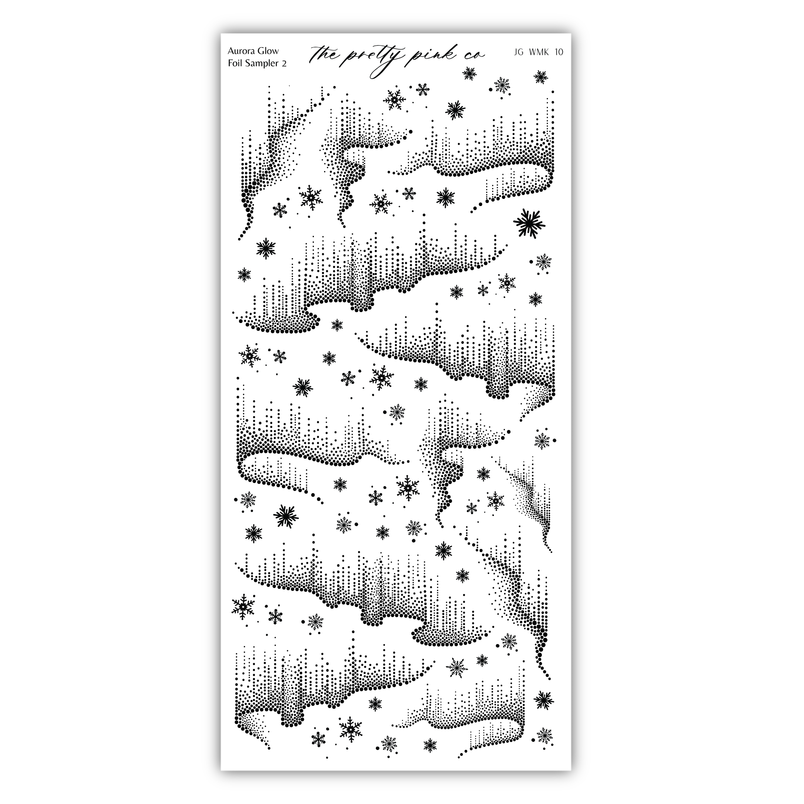 The image is a black and white illustration featuring a pattern of stars and snowflakes, resembling the aurora borealis or a similar natural phenomenon.