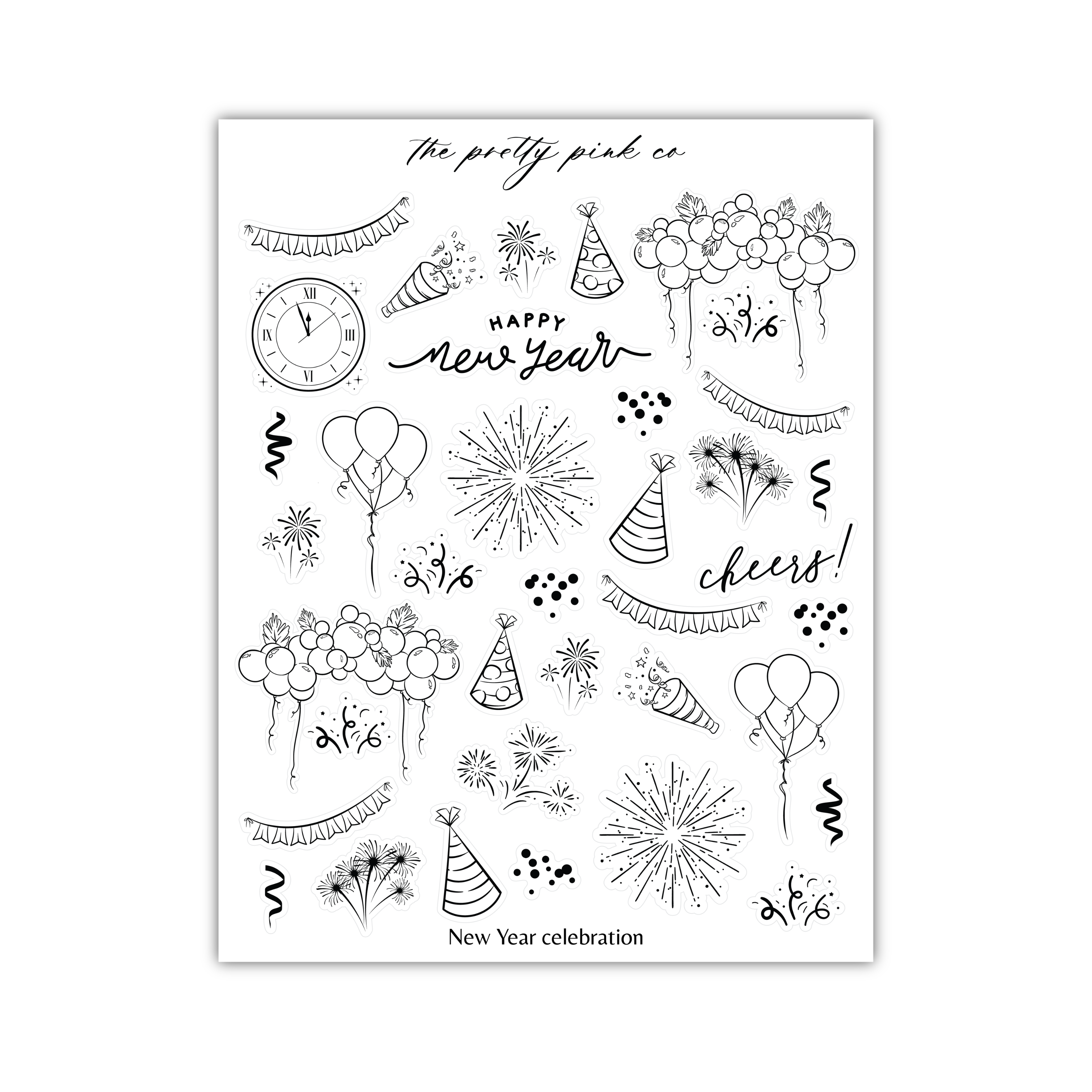 a black and white new year's card with balloons and fireworks