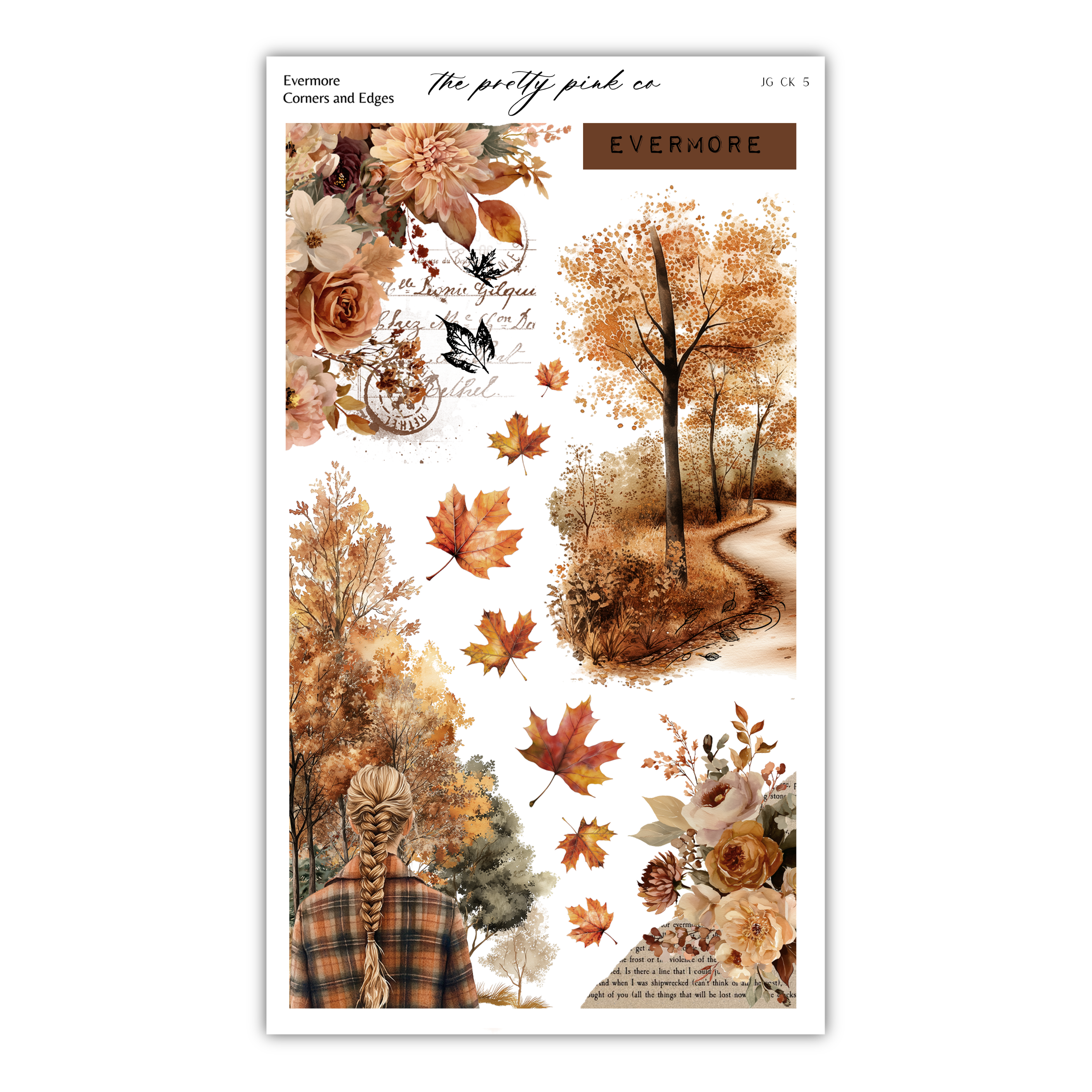 The image is a collage of various autumn-themed elements, including trees, flowers, leaves, and a winding path.