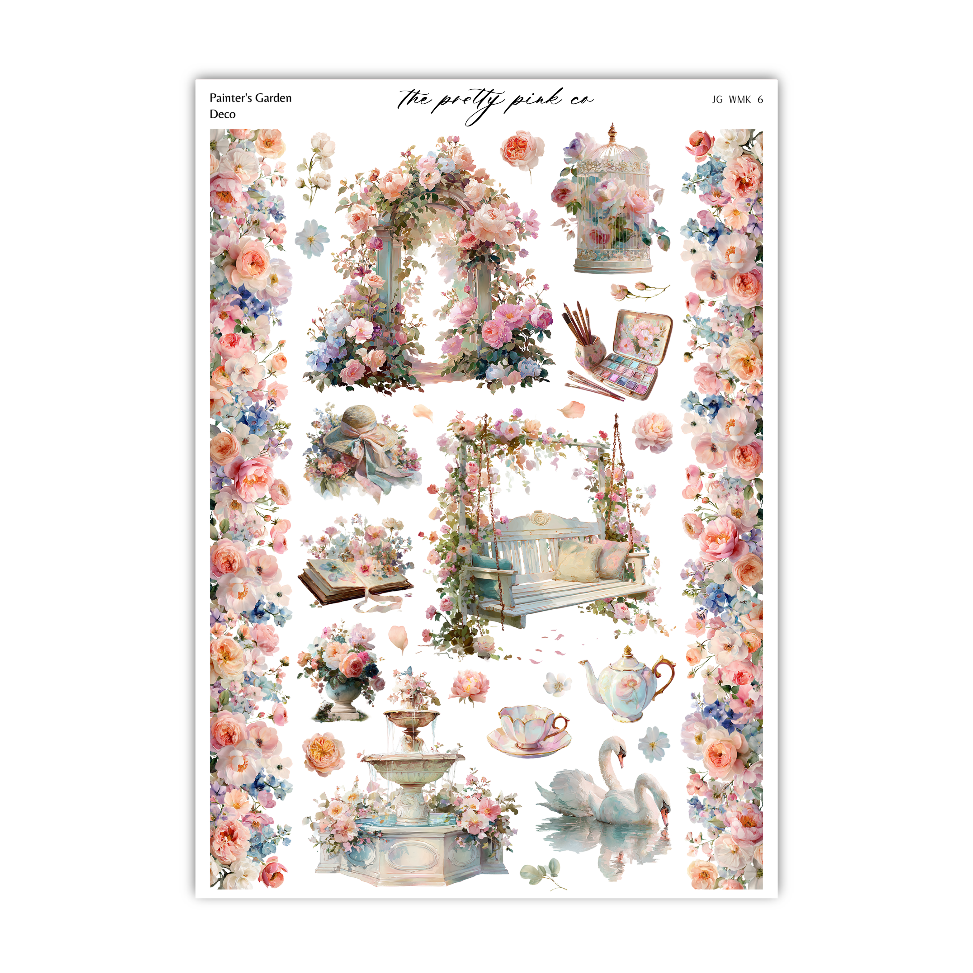The image is a collage of various floral and decorative elements, including a swing, a teapot, a vase, and a basket, all adorned with vibrant pink and blue flowers.