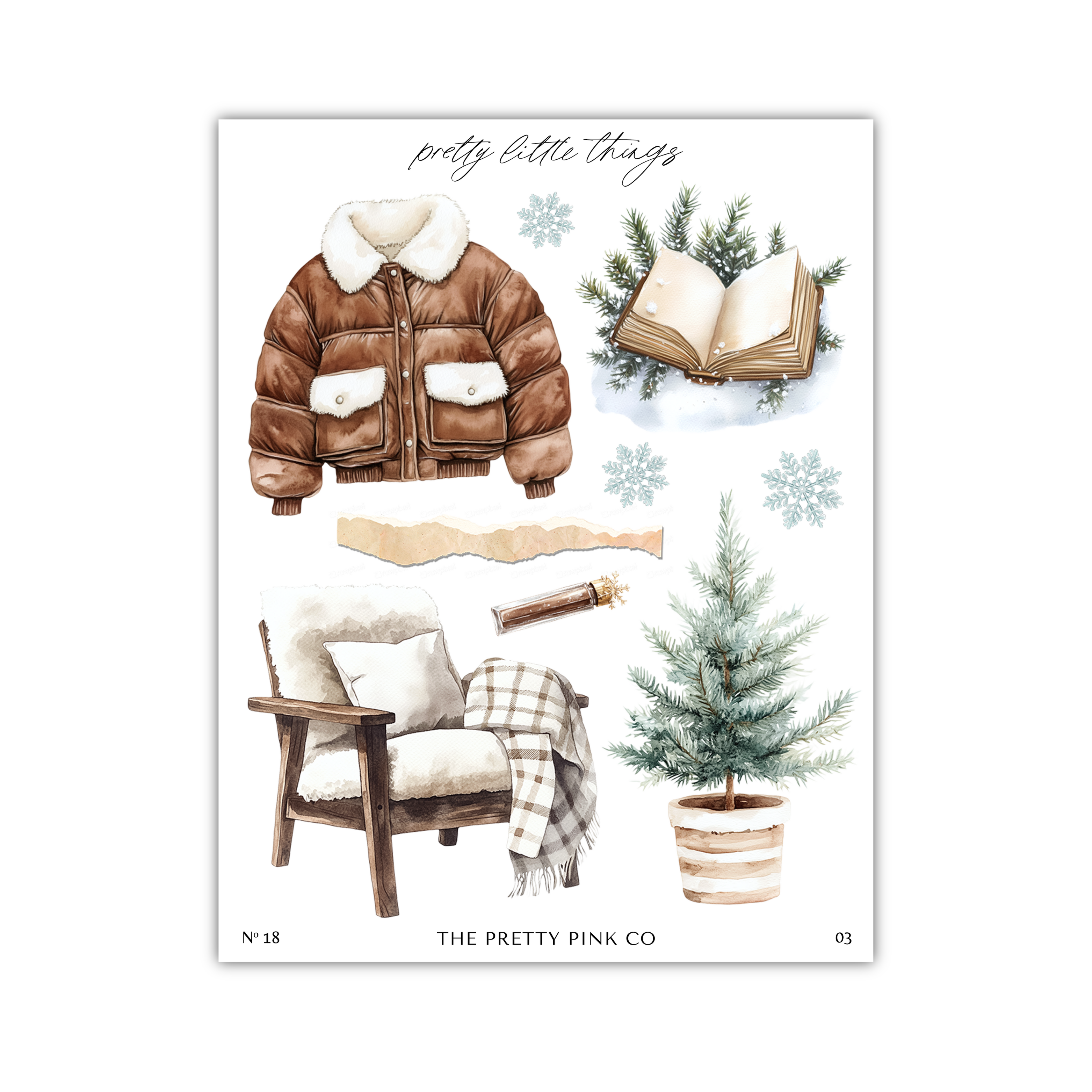The image is a collage of various winter-themed items, including a brown puffy jacket, a book, a chair, a potted plant, and a snowflake.