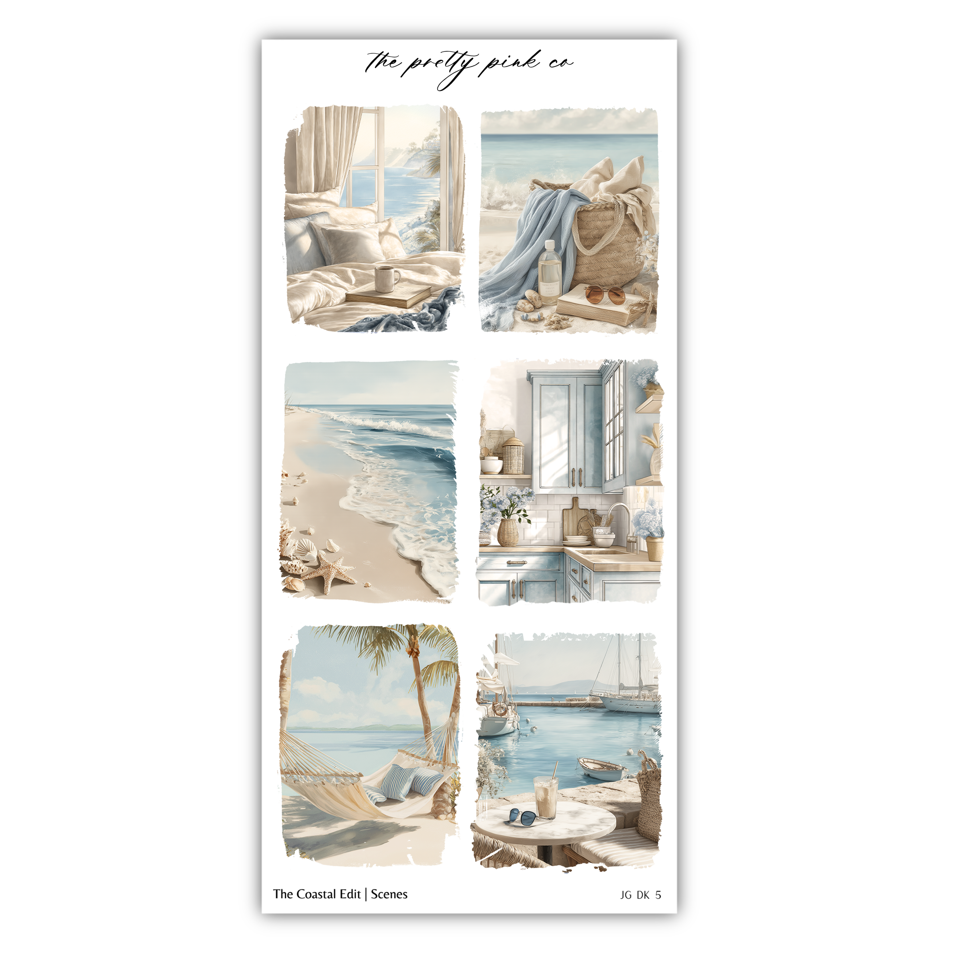 The image is a collage of six pictures depicting various coastal scenes, including a beach, a kitchen, a sailboat, a hammock, and a view of the ocean.