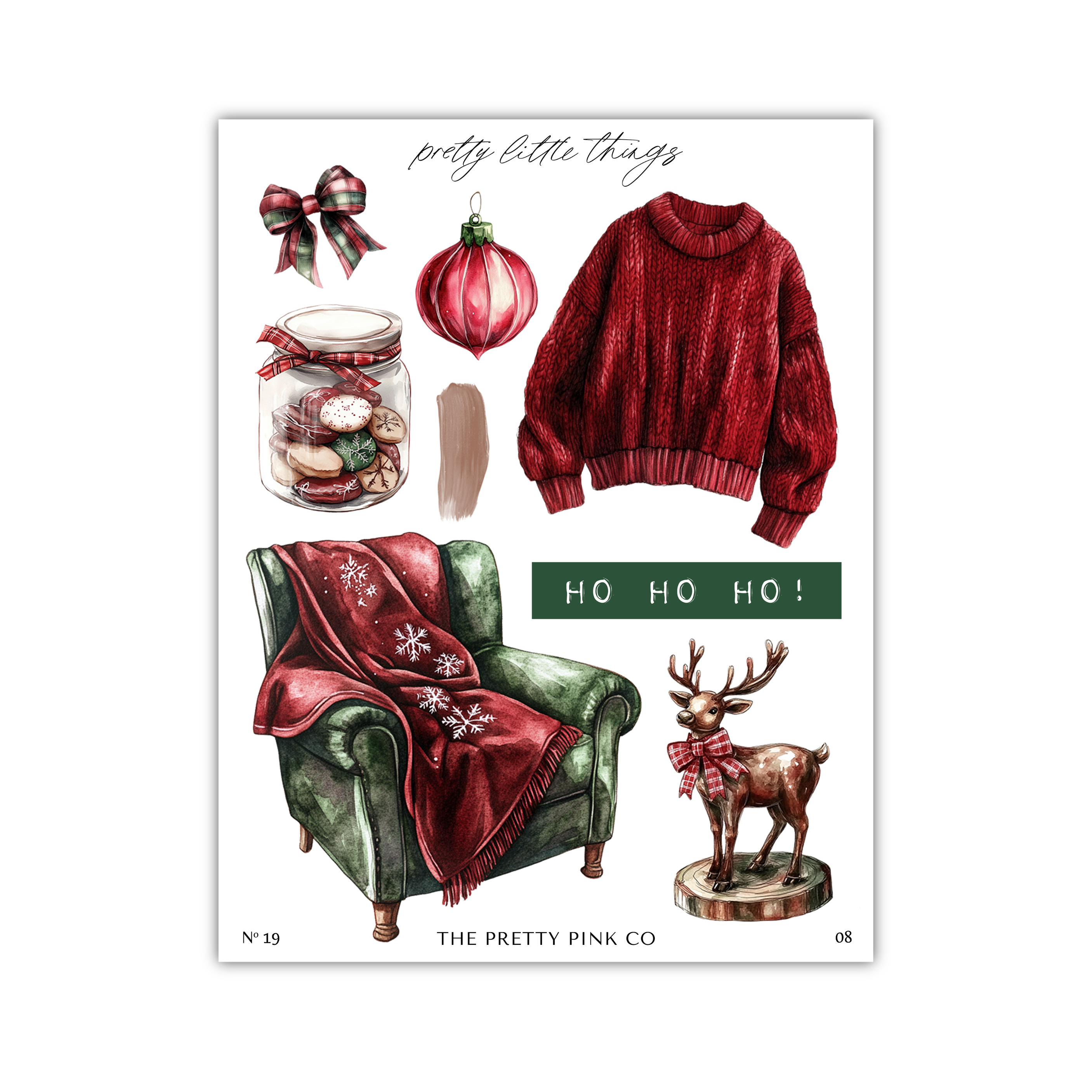 The image is a collage of various Christmas-themed items, including a sweater, a jar of ornaments, a bow, a chair, a reindeer, and a bow tie.