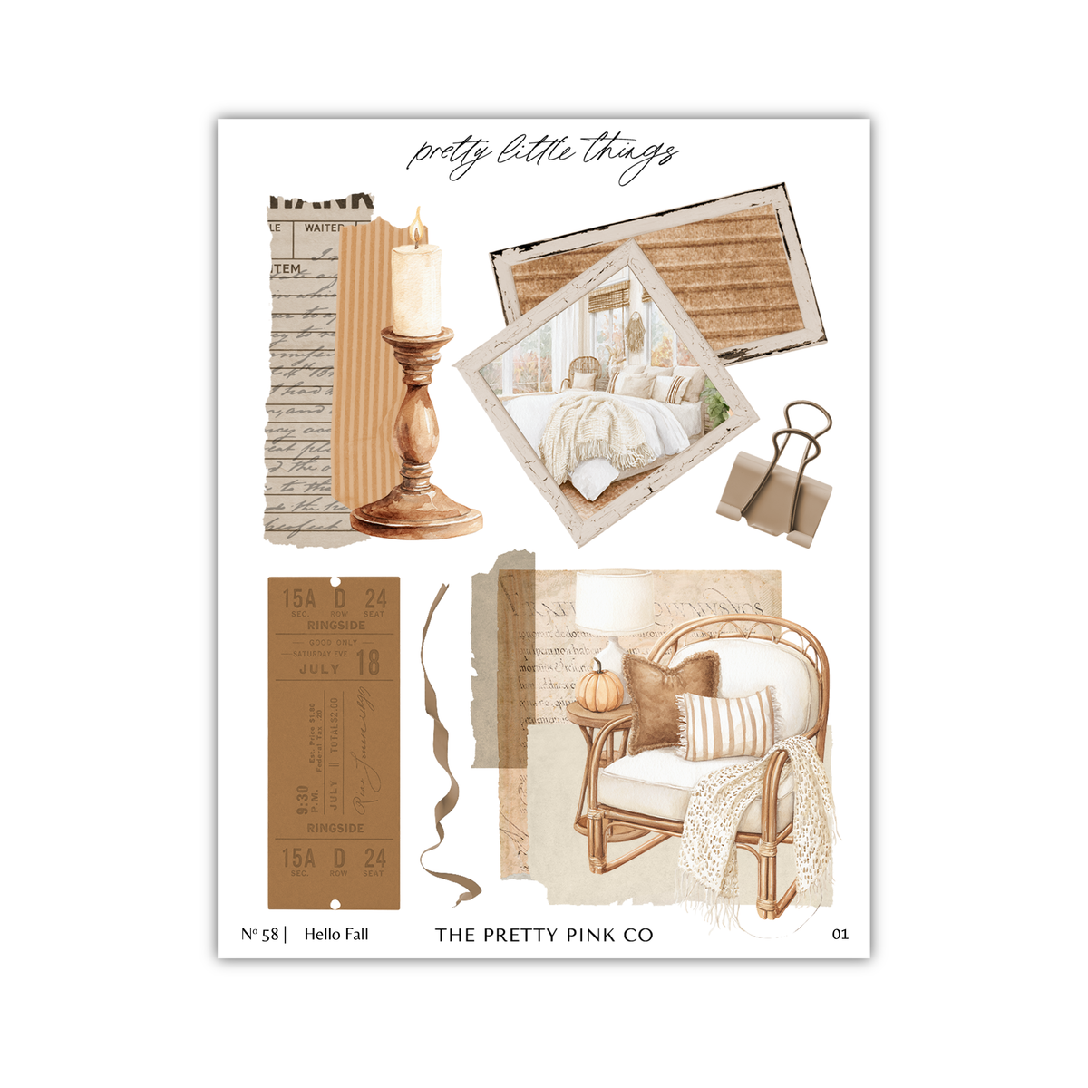 The image is a collage of various home decor items, including a candle, a picture of a bed, a picture of a chair, and a picture of a lamp. The collage also includes a ticket, a ribbon, and some text.