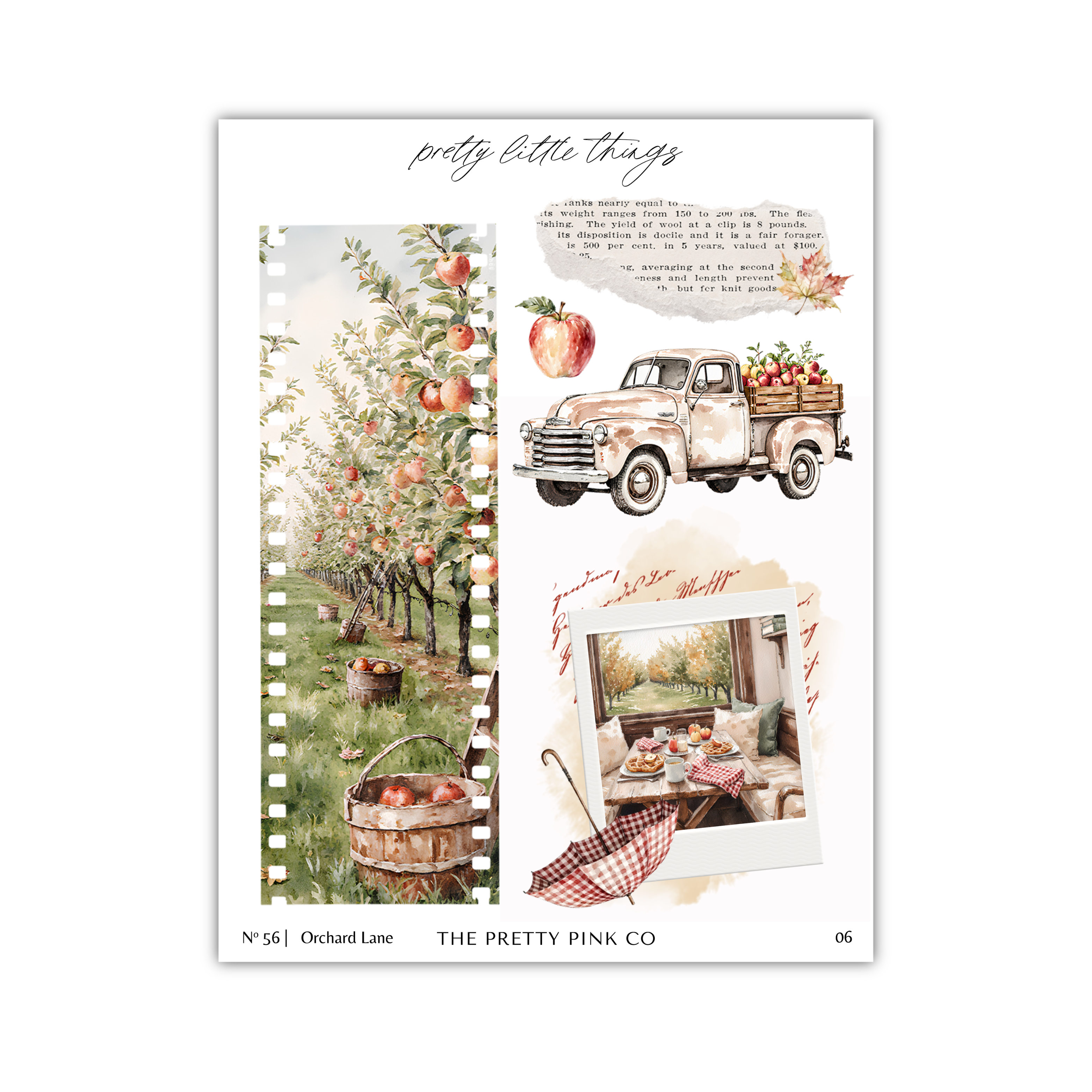The image is a collage of various elements related to a farm or countryside setting, including a tree with apples, a truck, and a basket of apples.
