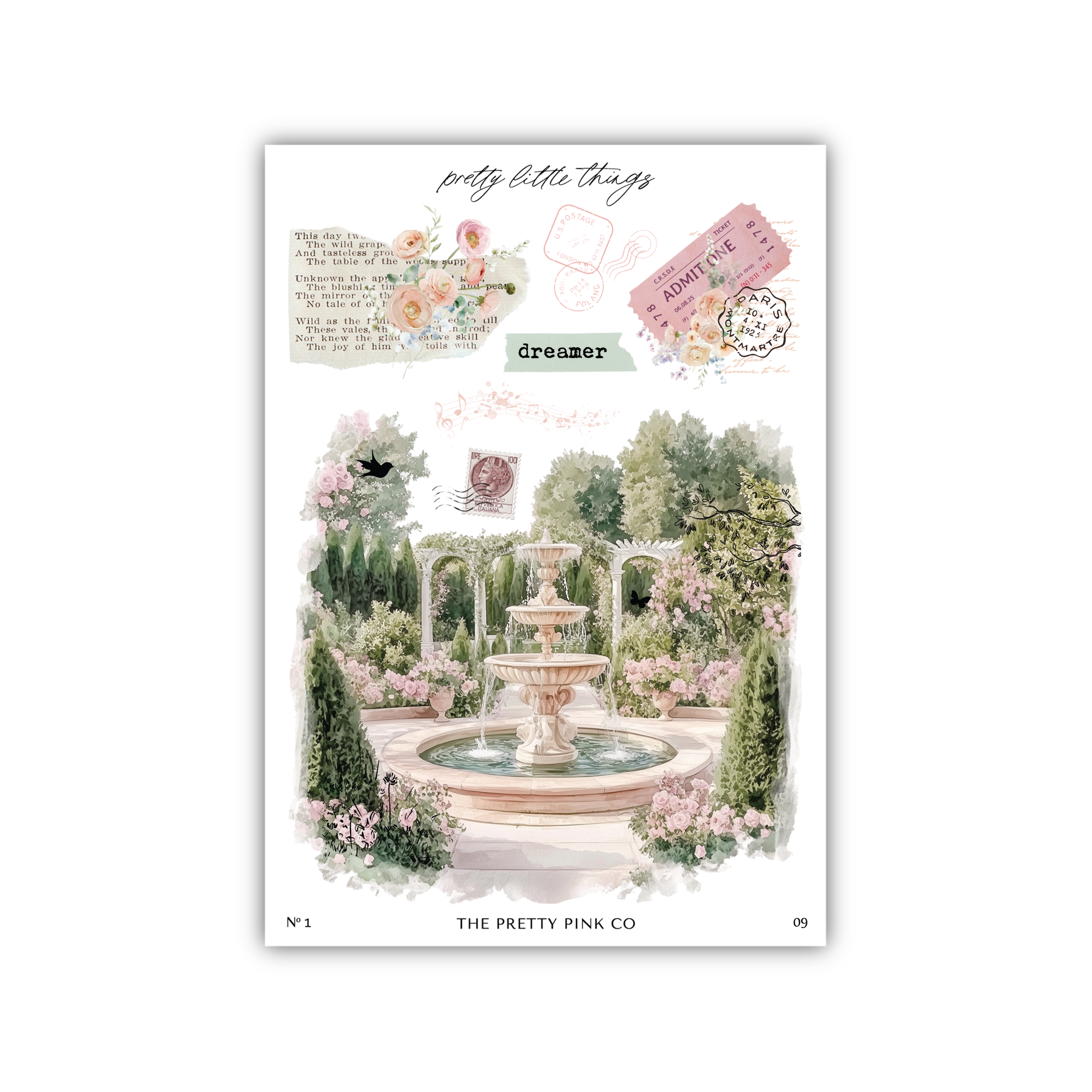 a postcard with a water fountain in the middle of a garden