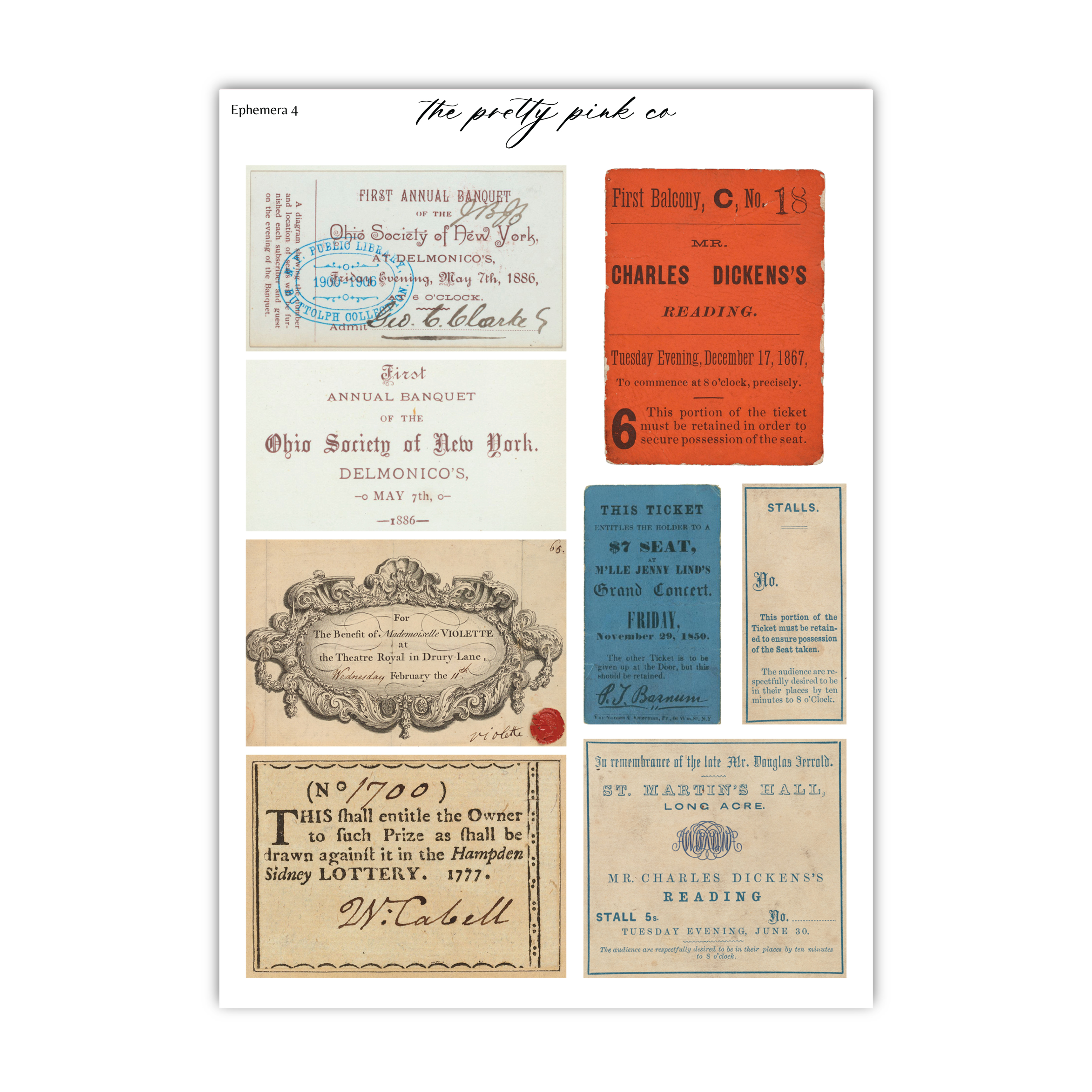 a collage of various vintage event tickets and advertisements, including tickets for a banquet, a reading event, and a ticket for a show.