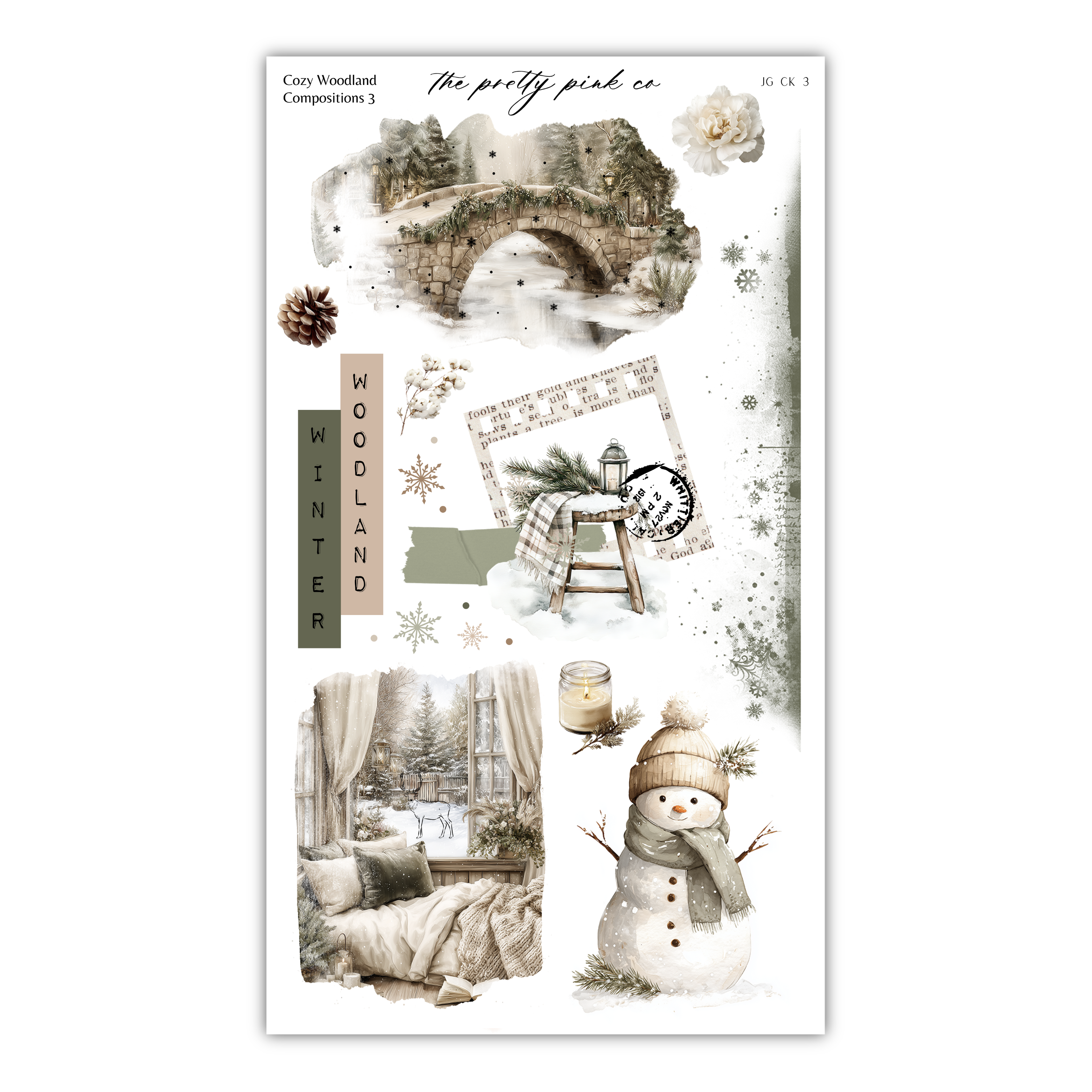 The image is a collage of various winter-themed elements, including a snowy landscape, a bridge, a snowman, and a cozy indoor scene.