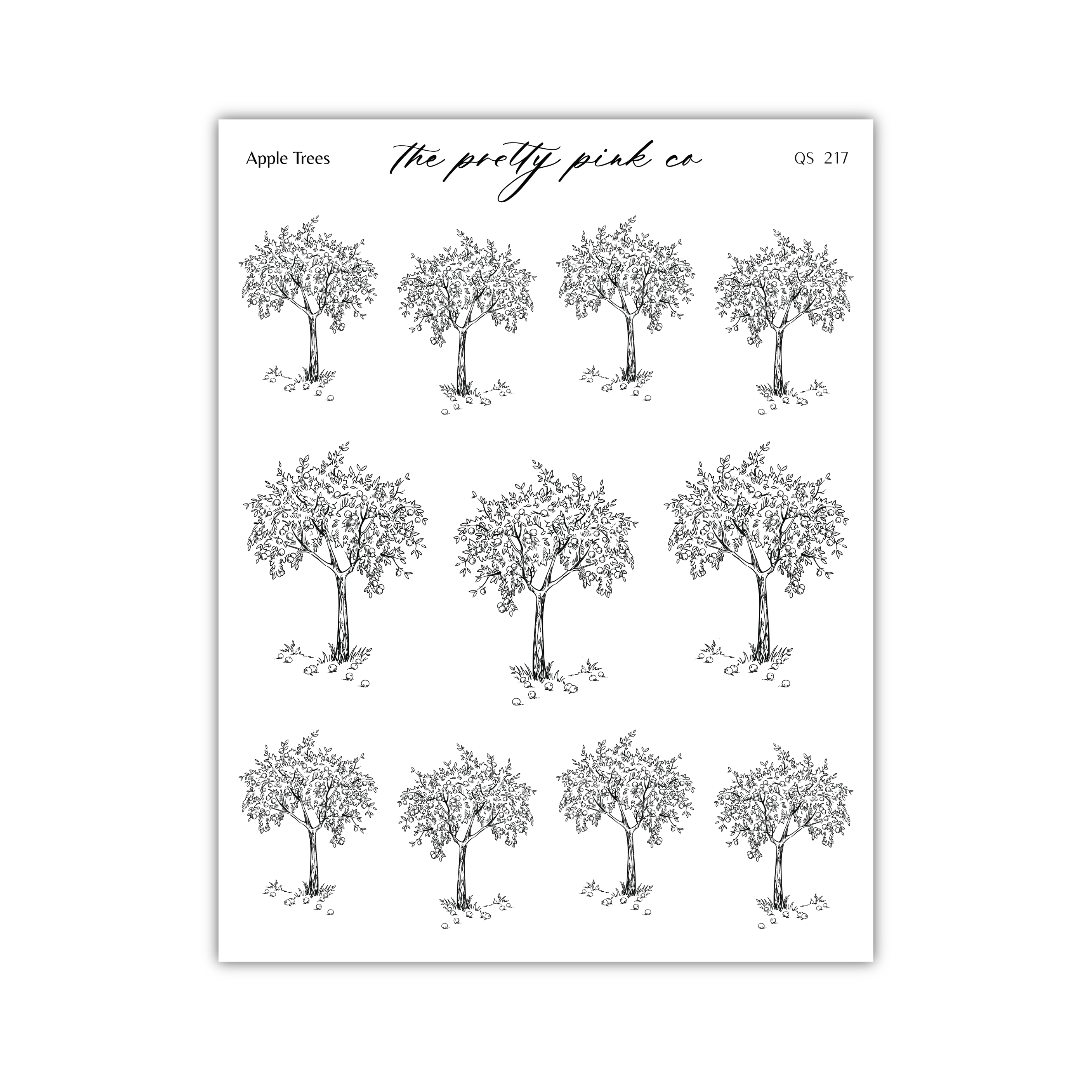 a collection of nine identical black and white line drawings of apple trees, arranged in a grid pattern.