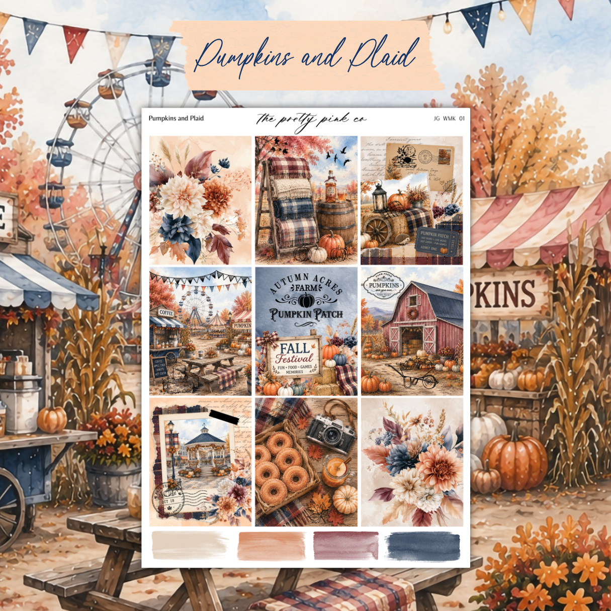 The image is a collage of various autumn-themed elements, including pumpkins, a ferris wheel, a picnic table, and other fall decorations.