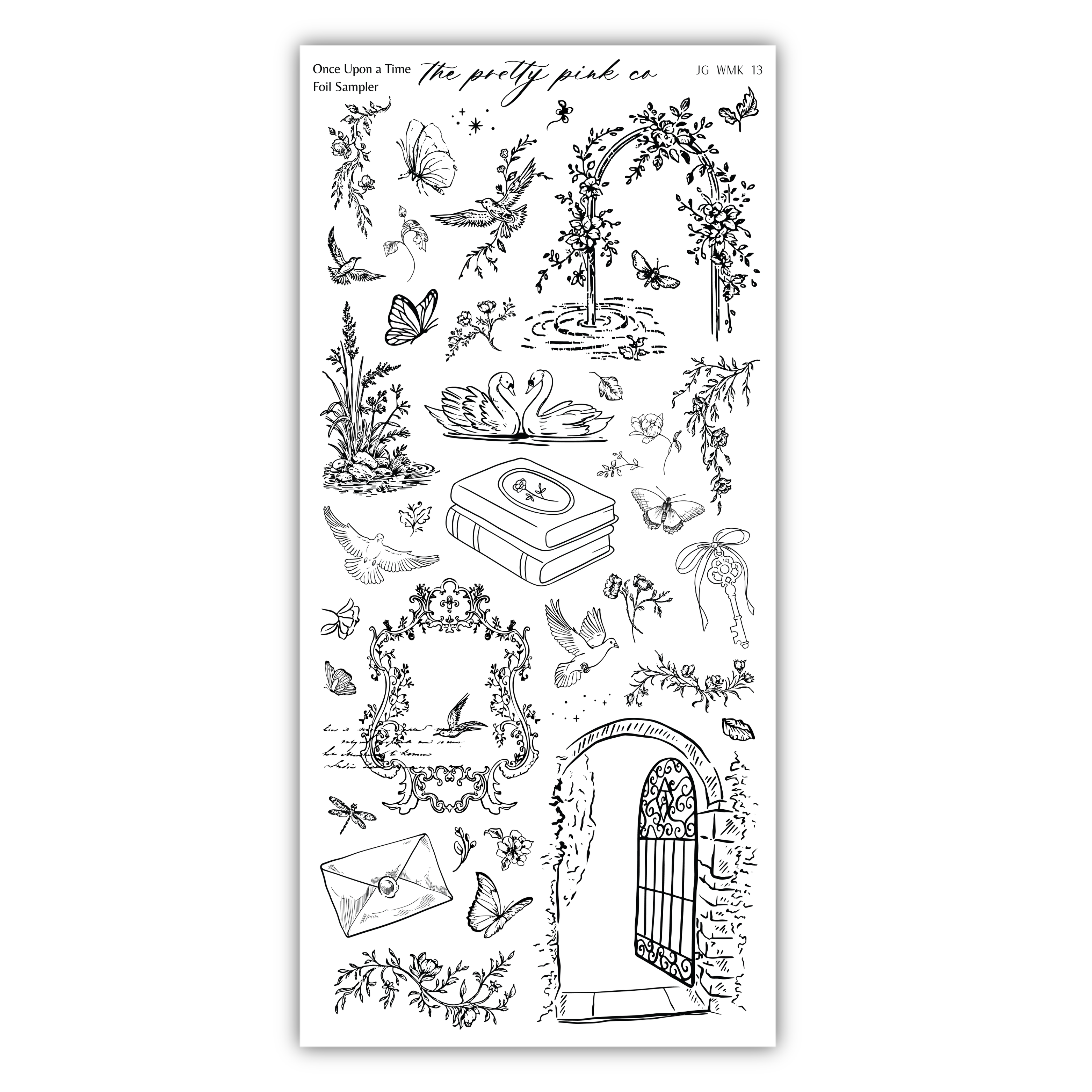 various black and white illustrations of floral and ornamental elements, such as flowers, leaves, butterflies, and a gate. The illustrations are arranged in a collage-like format, with some images overlapping each other. The image does not contain any text, and the descriptions provided are limited to the visual content of the image.