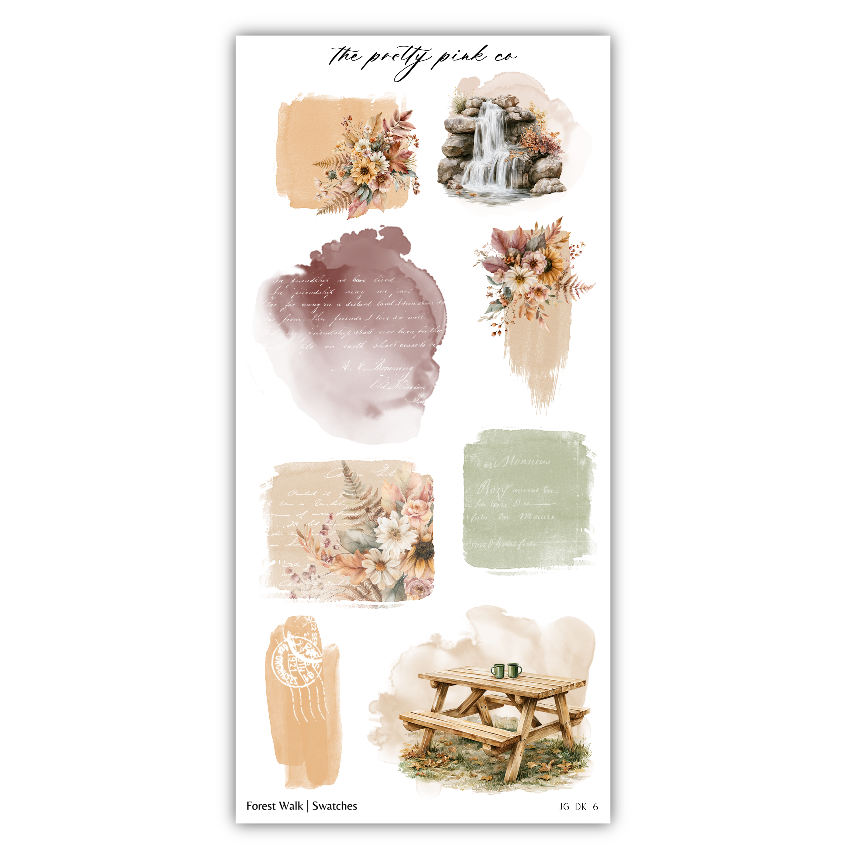 various watercolor-style illustrations, including floral designs, a waterfall, a picnic table, and other natural elements. The text "The pretty pink co" is present, but it is unclear what it says. The image is a collage of different elements, and there are no specific phrases or descriptions provided.