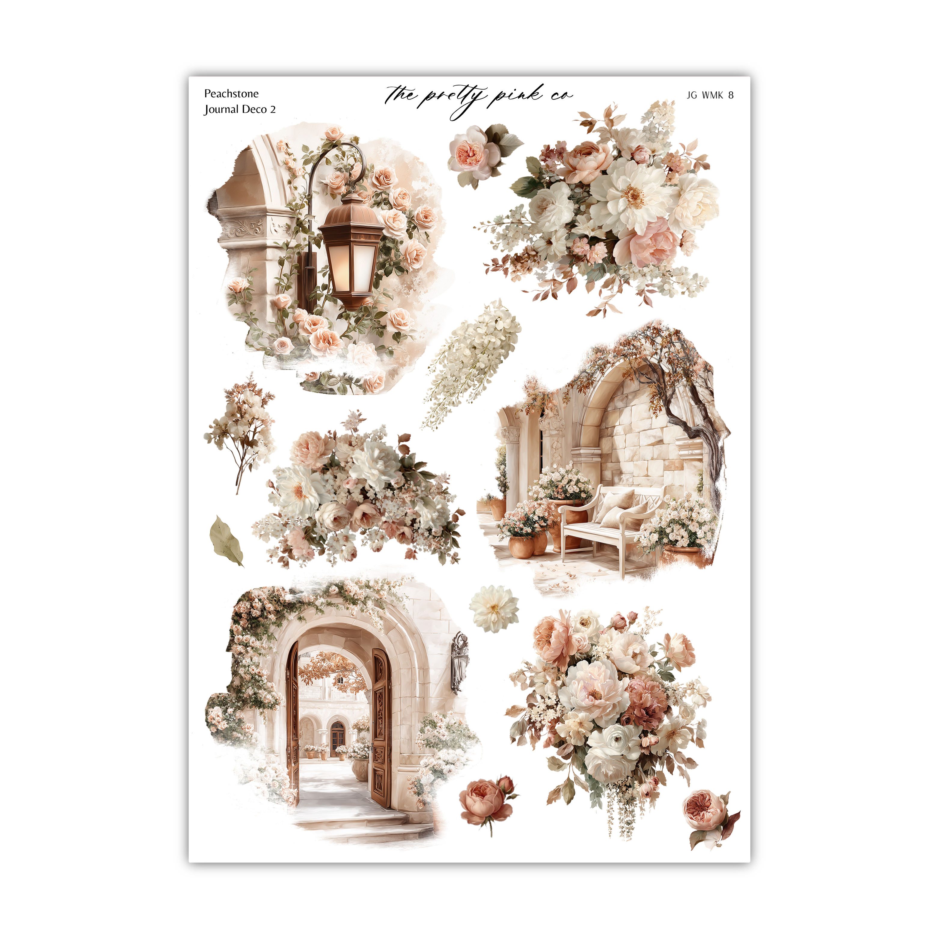 The image is a collage of various floral and architectural elements, including arches, lanterns, and potted plants, all rendered in a soft, pastel color palette.