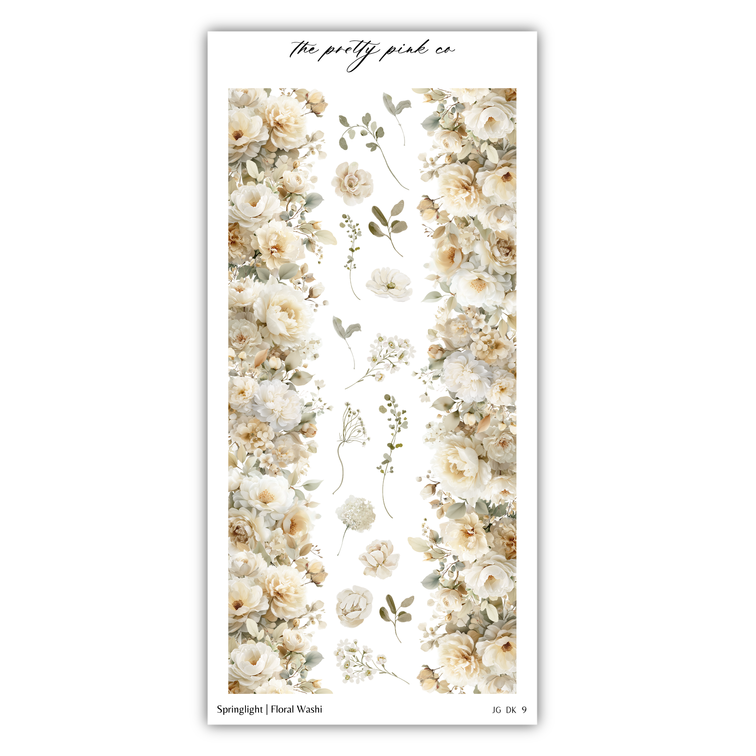The image is a floral print featuring a repeating pattern of white and beige flowers and leaves against a white background.