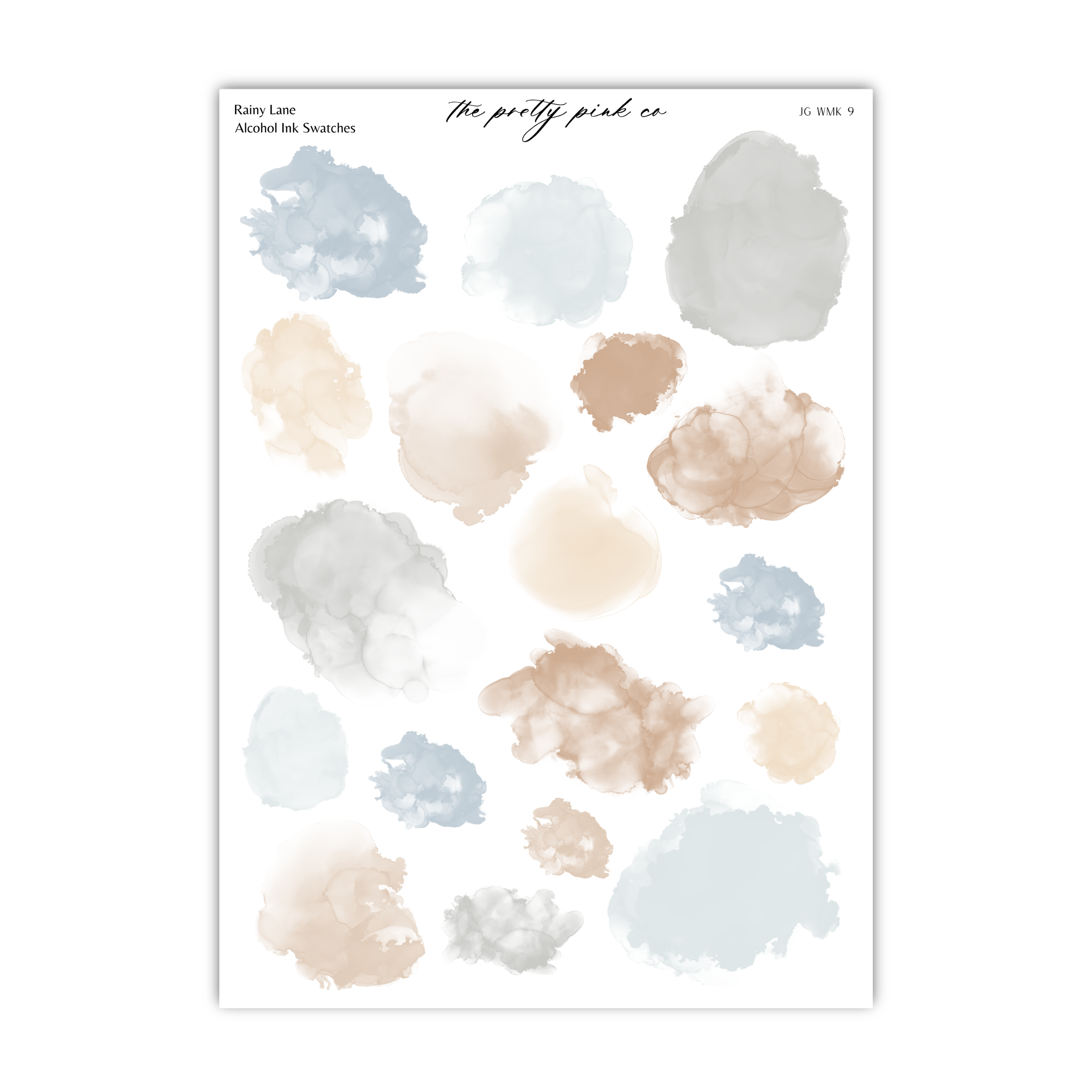 a collection of abstract watercolor brush strokes in various shades of blue, gray, and beige, arranged in a grid-like pattern.