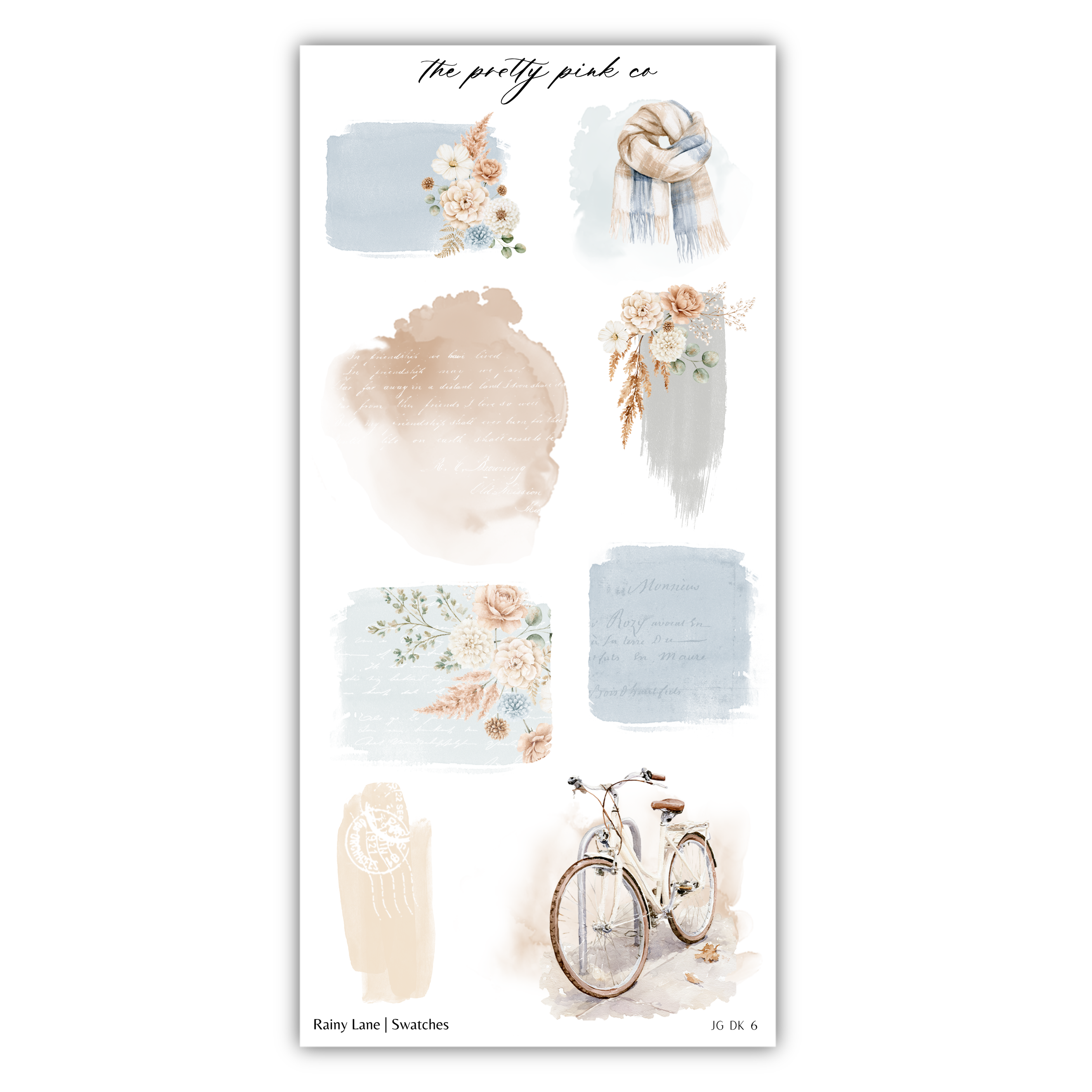 various watercolor-style illustrations, including floral designs, a bicycle, and other abstract elements. The text "The pretty pink co" is written above the illustrations, and the image is described as a "Rainy Lane / Swatches" with a total of 6 images.