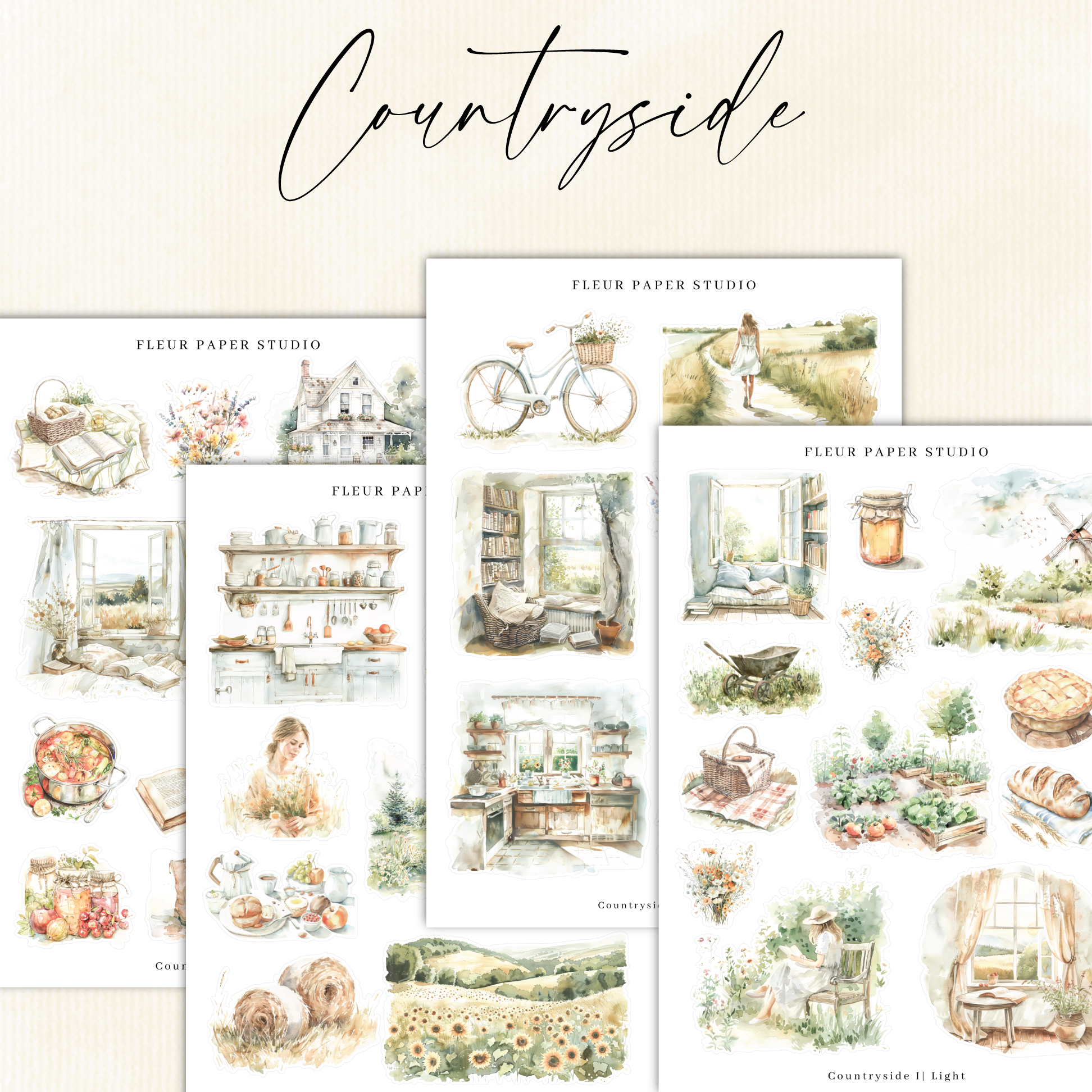 a set of four watercolor illustrations of country scenes