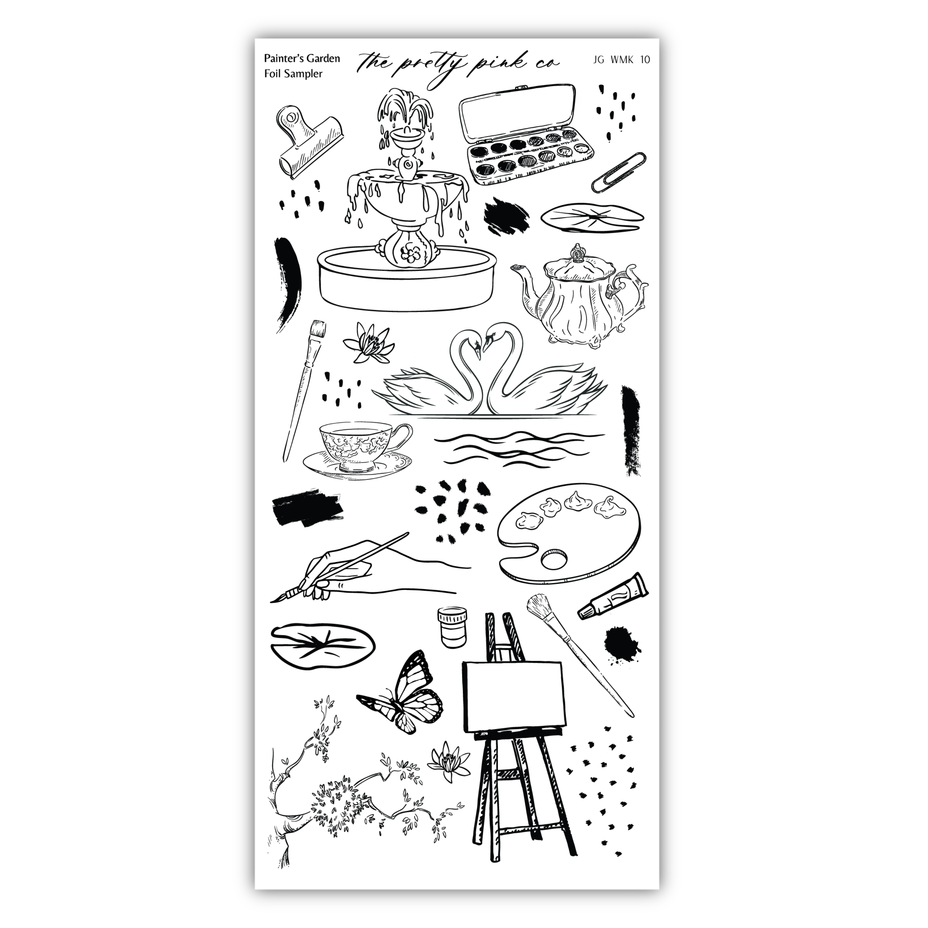 various artistic and creative elements, including a fountain, teapot, paint palette, paintbrush, cup, butterfly, and easel, all depicted in a black and white style.