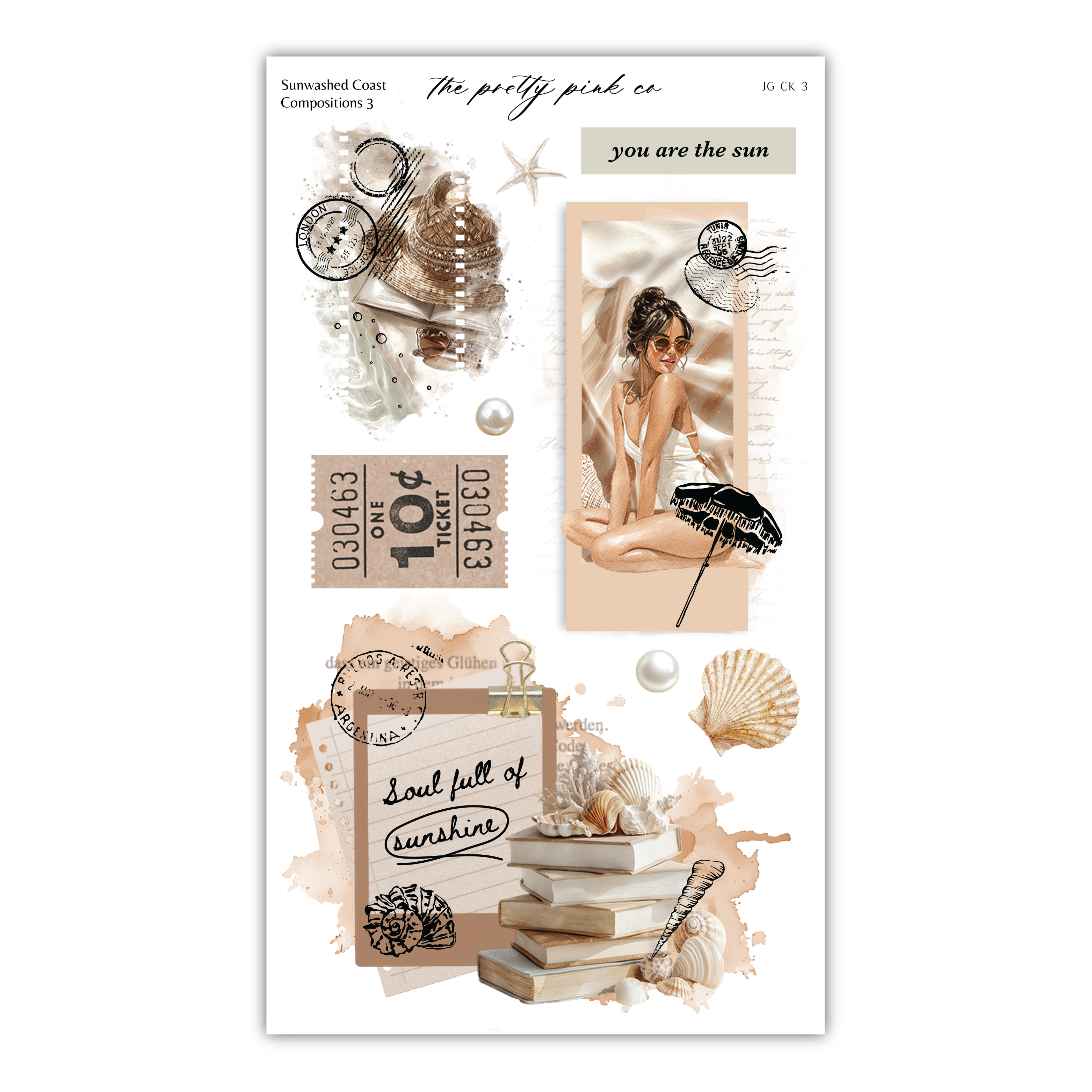 The image is a collage of various elements, including a woman, seashells, books, and other decorative items, all set against a light beige background.