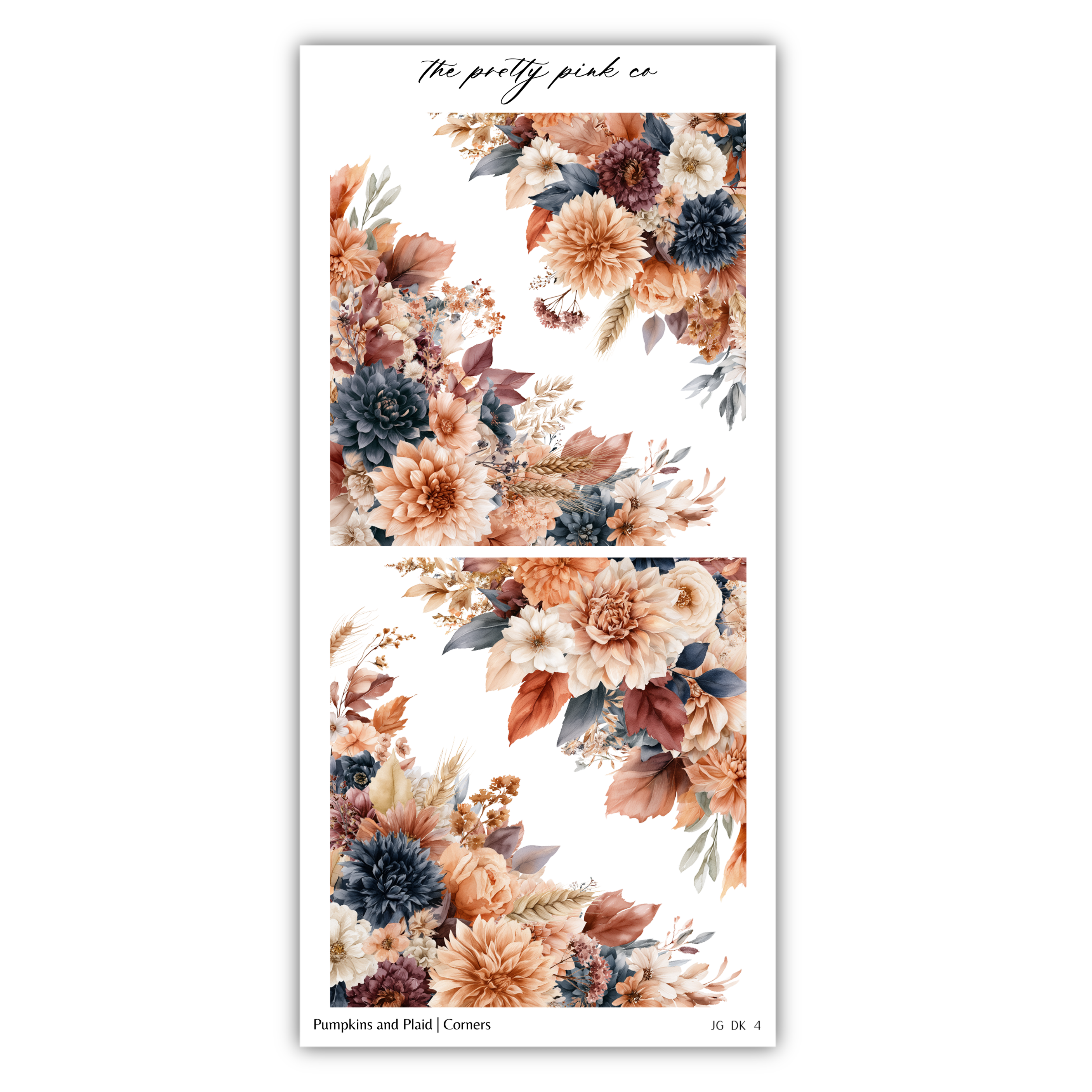 The image is a collage of two floral designs featuring a variety of autumn-colored flowers, including dahlias, chrysanthemums, and pumpkins. The designs are arranged in a symmetrical manner, with the flowers overlapping each other and creating a visually appealing composition.