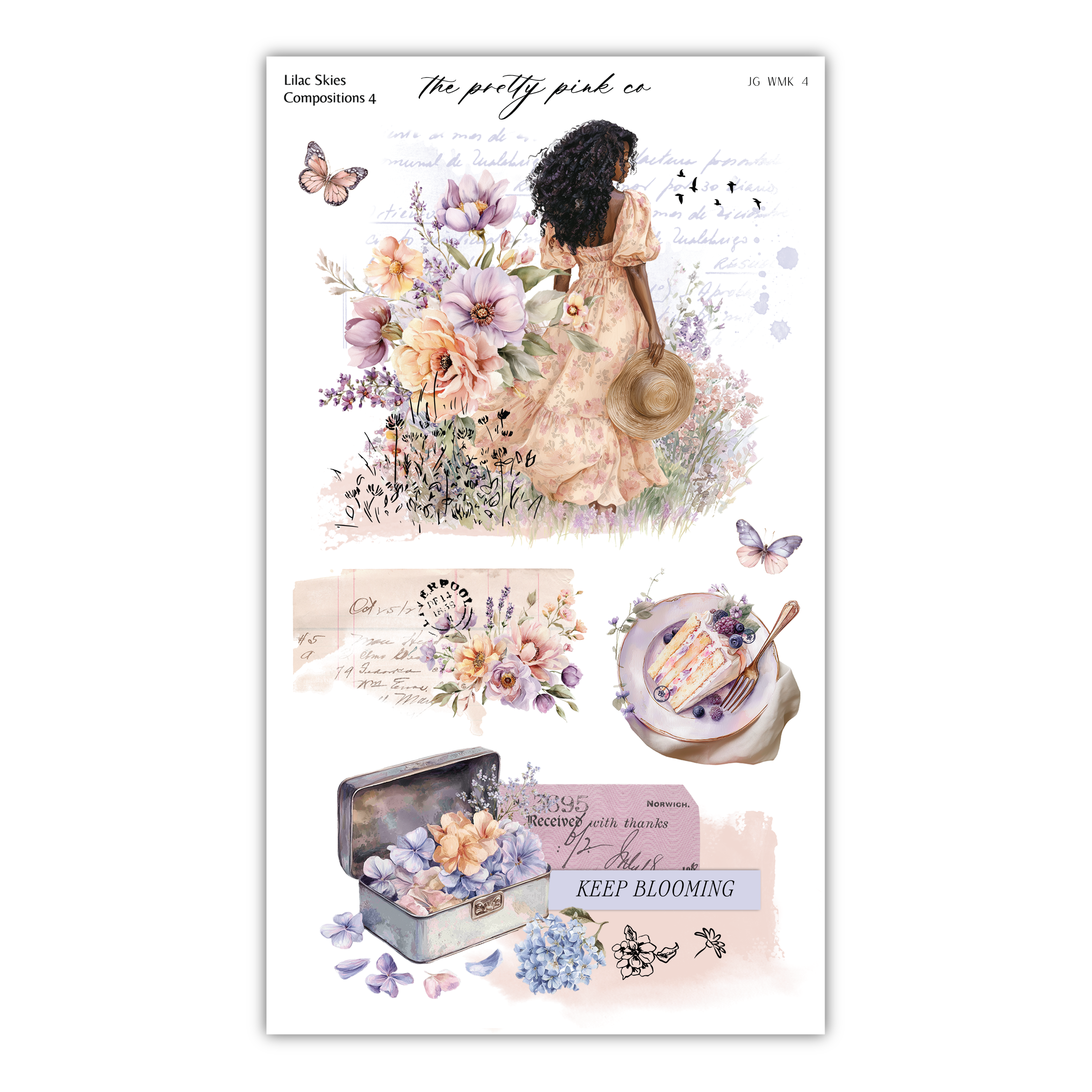 The image is a collage of various floral and decorative elements, including a woman in a dress, flowers, a plate with a cake, and a suitcase. The collage is titled "The pretty pink co" and includes text such as "Lacs Skies", "The pretty pink co", "The pretty pink co", "LG WK 4", and "Keep blooming".