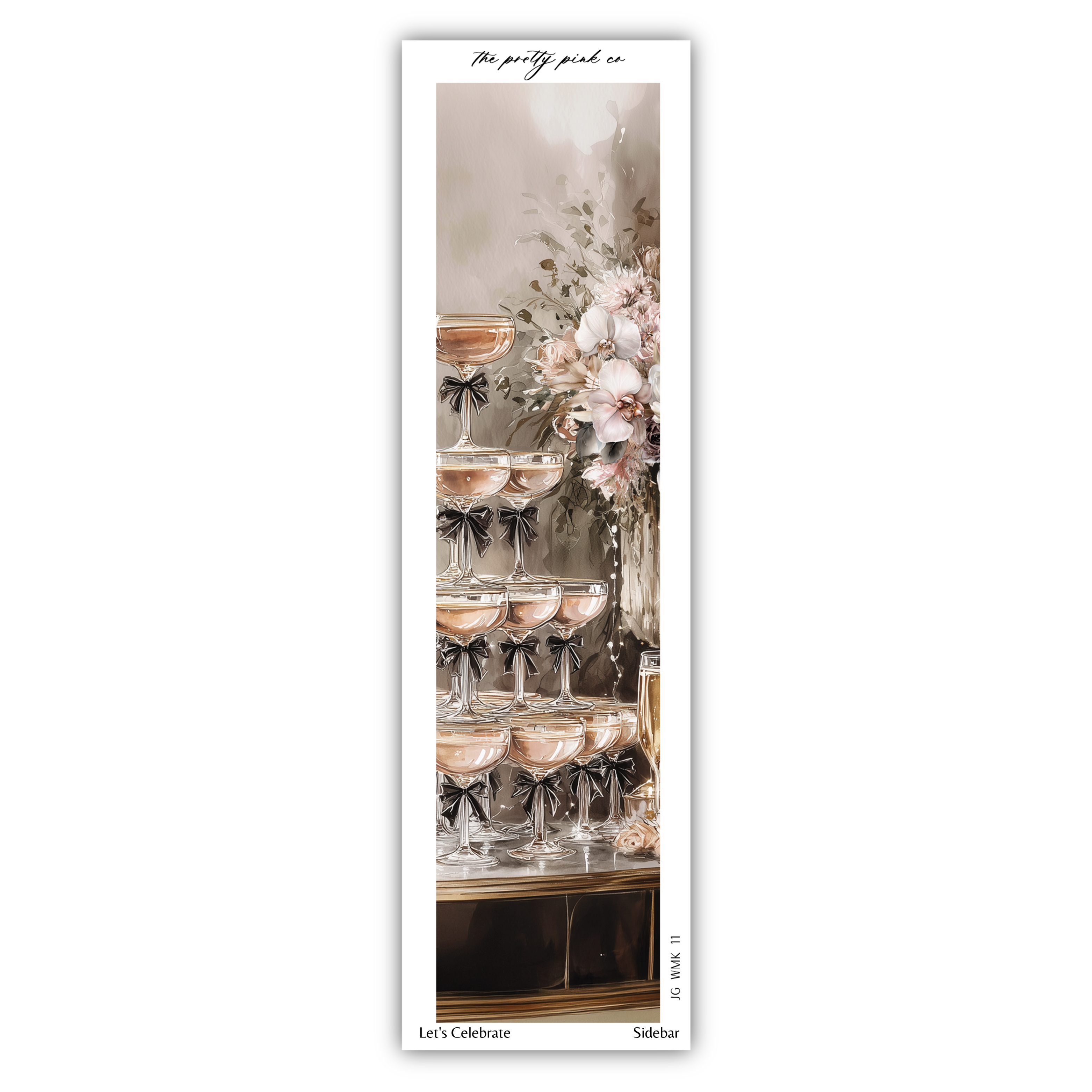 A vertical arrangement of champagne glasses on a table, with a vase of flowers and greenery in the background.