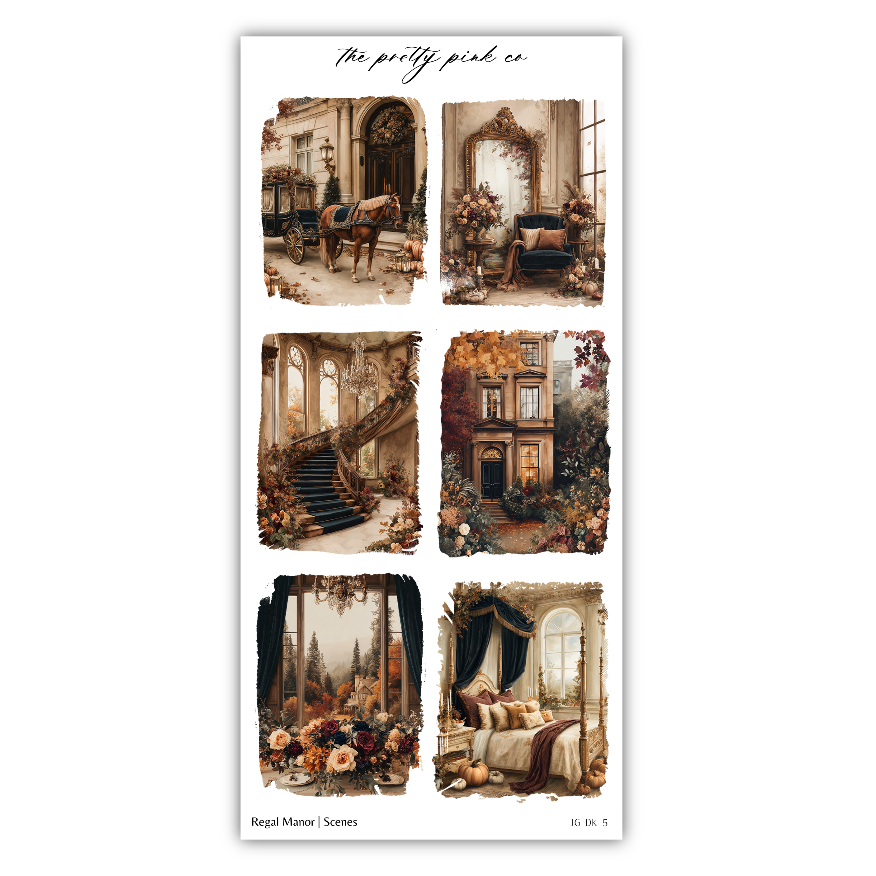 The image is a collage of six different scenes, each depicting a unique setting with various elements such as a horse, a building, a staircase, a bed, and a vase.