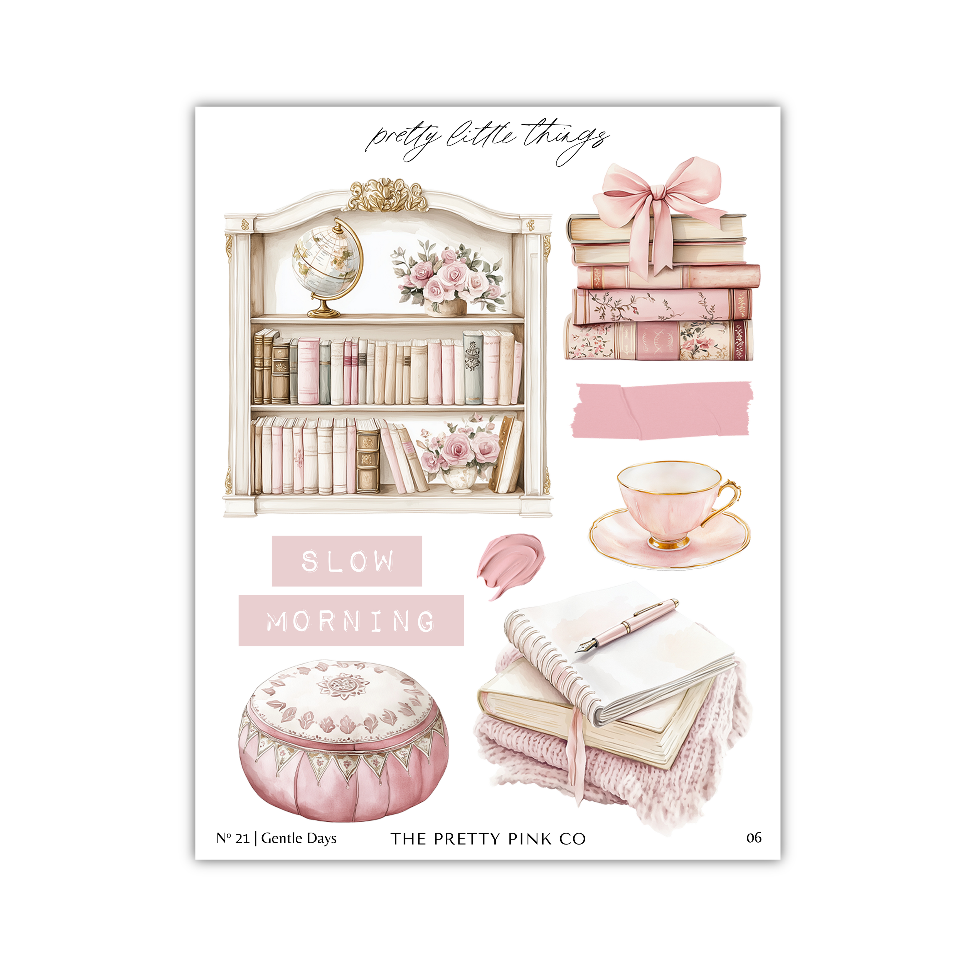 The image is a collage of various pink-themed items, including a bookshelf, teacups, a blanket, and a notebook. The text "slow morning" is also present in the image.