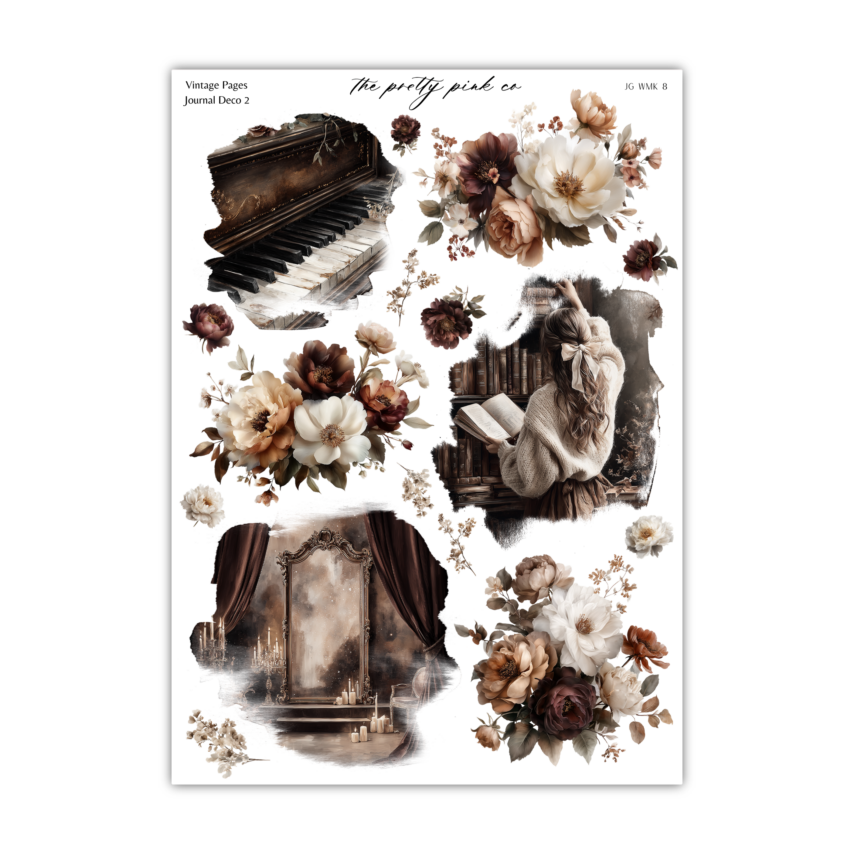 The image is a collage of various vintage-style photographs, including a piano, a person reading a book, and floral arrangements.