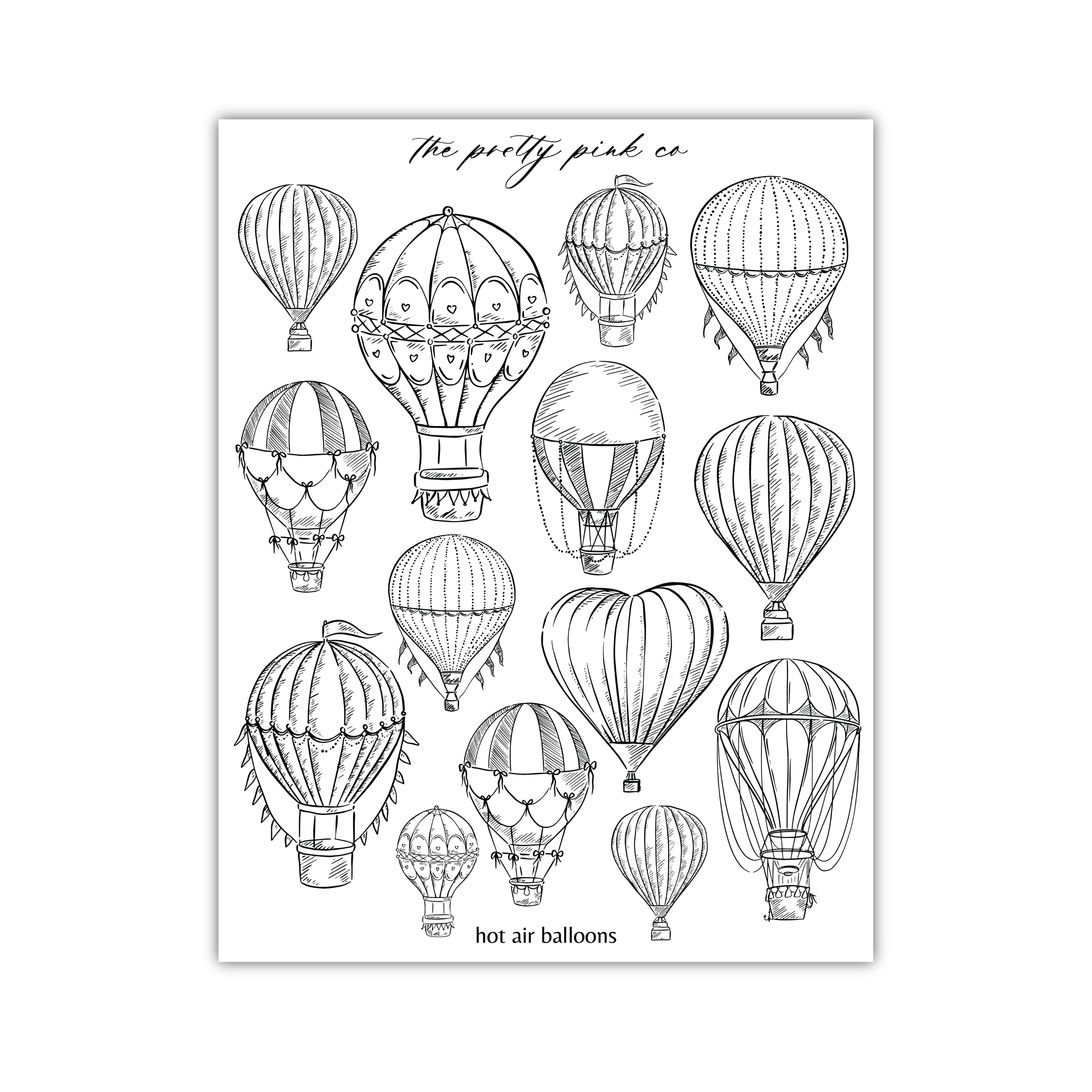 a black and white drawing of hot air balloons