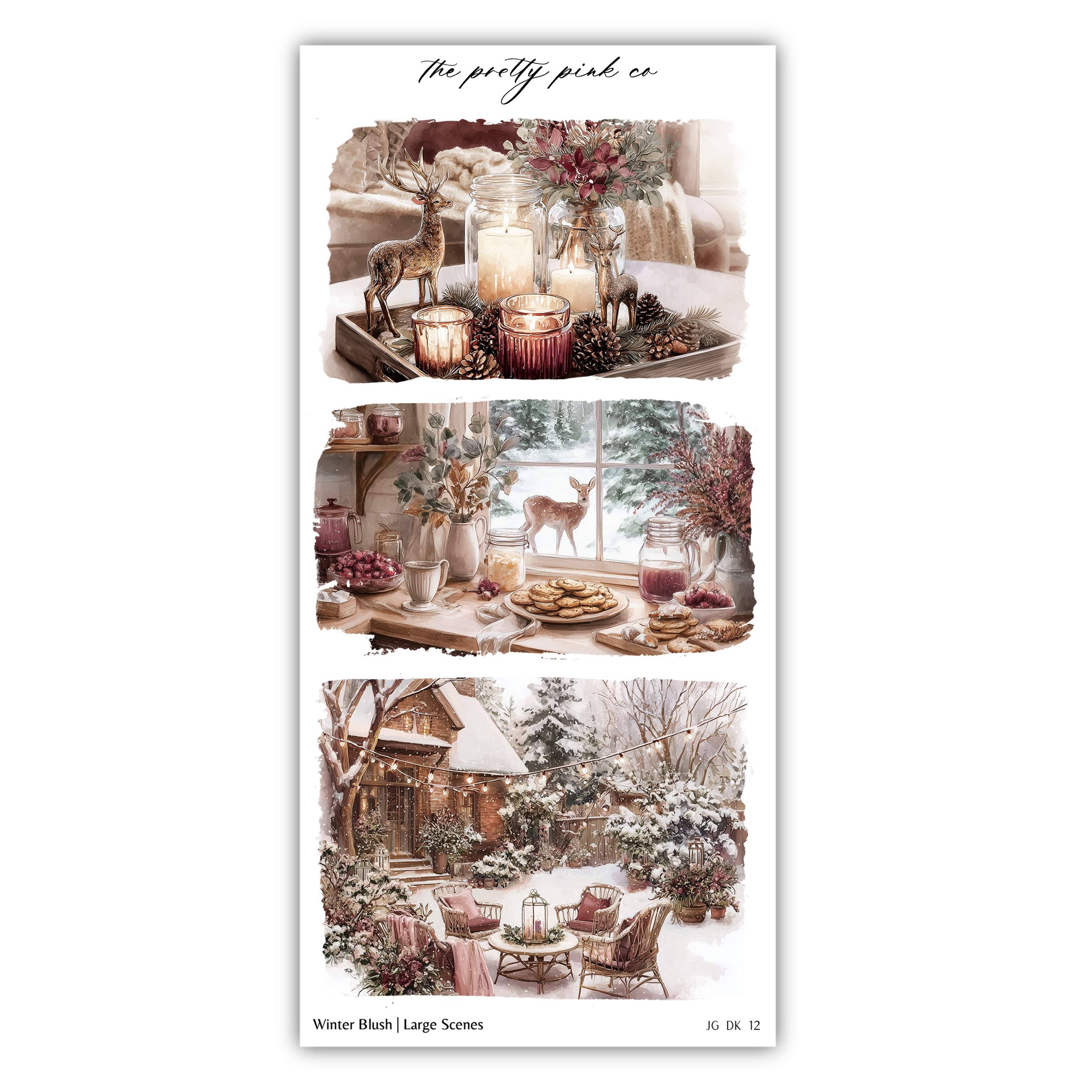 The image is a collage of three pictures depicting winter scenes, including a deer, a table with candles, and a snowy landscape.