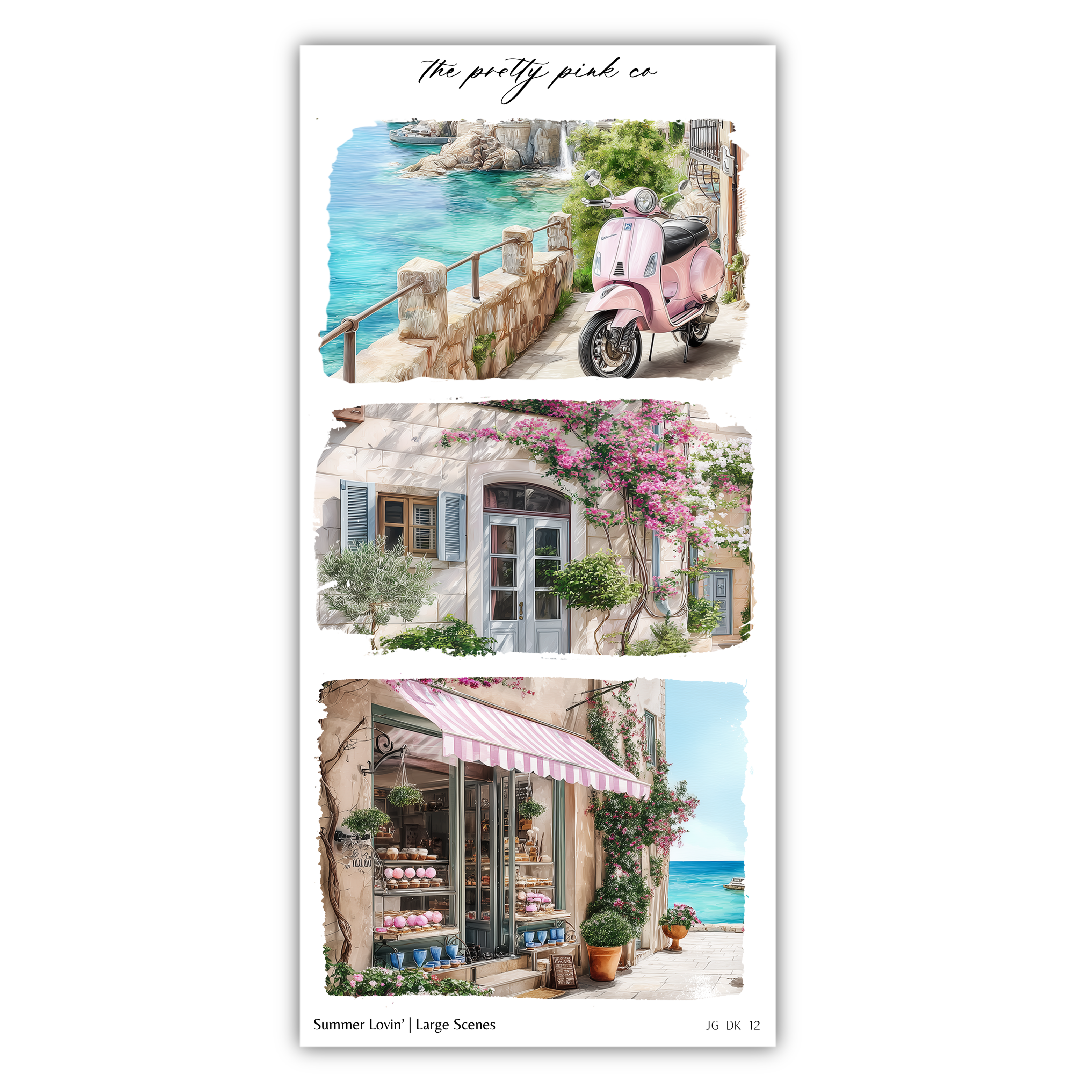 The image is a collage of three pictures depicting a coastal town with colorful buildings, a pink scooter, and a scenic view of the ocean.