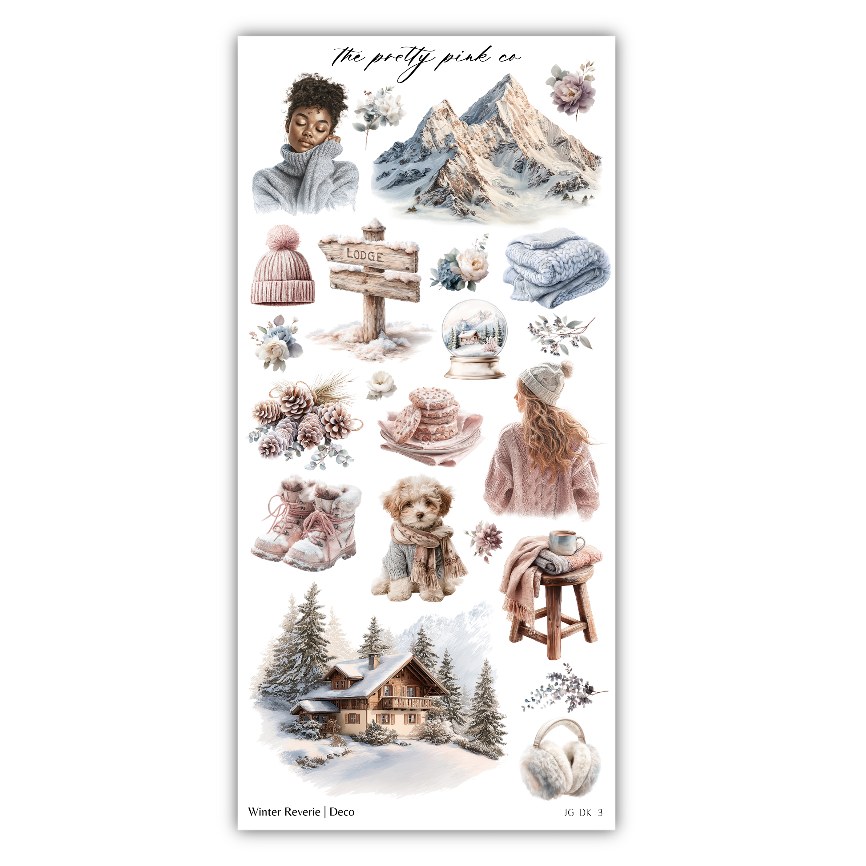 The image is a collage of various winter-themed items and scenes, including a woman in a pink sweater, a snow globe, pine trees, a cabin, and a dog.