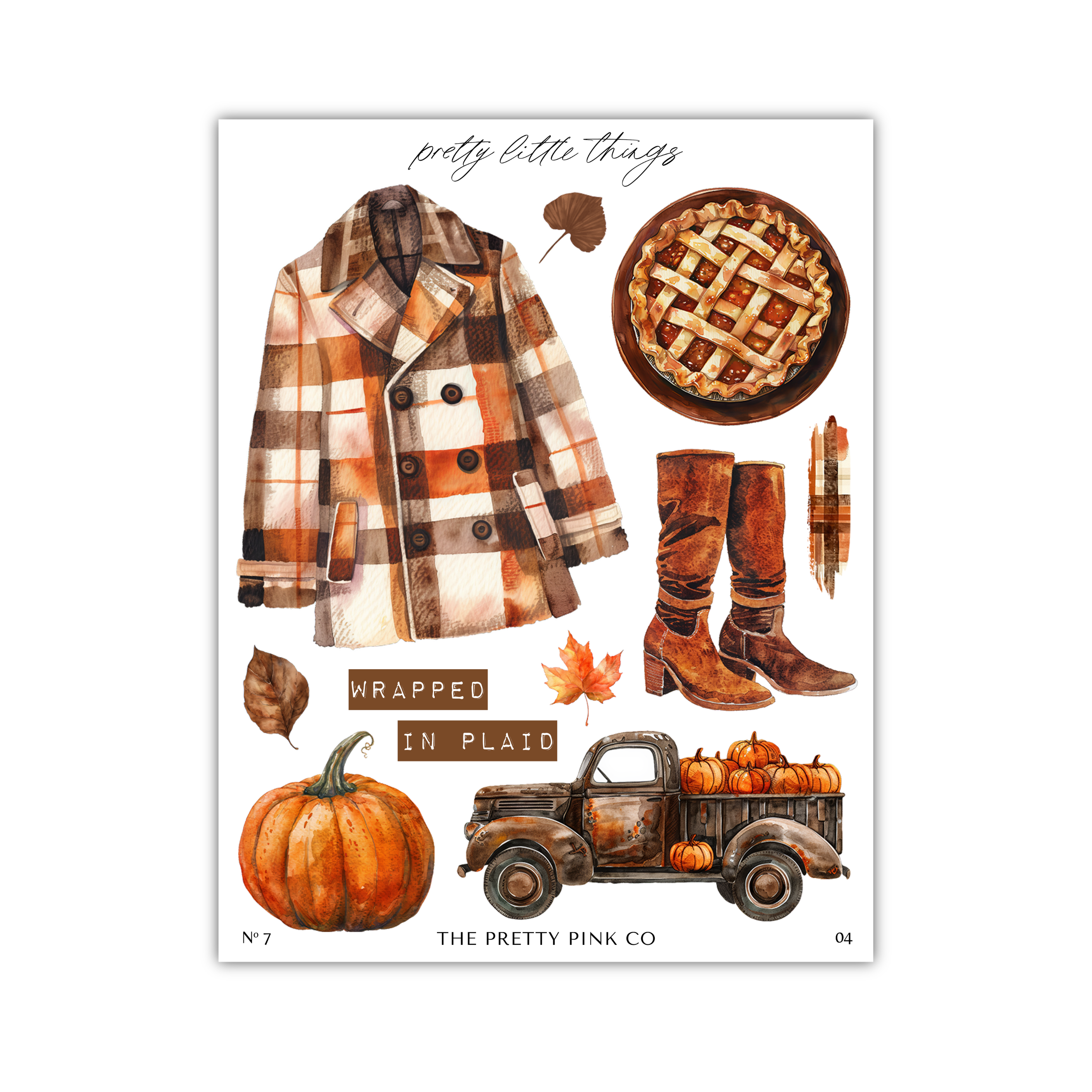The image is a collage of various autumn-themed items, including a plaid coat, a pie, boots, a truck, and a pumpkin.