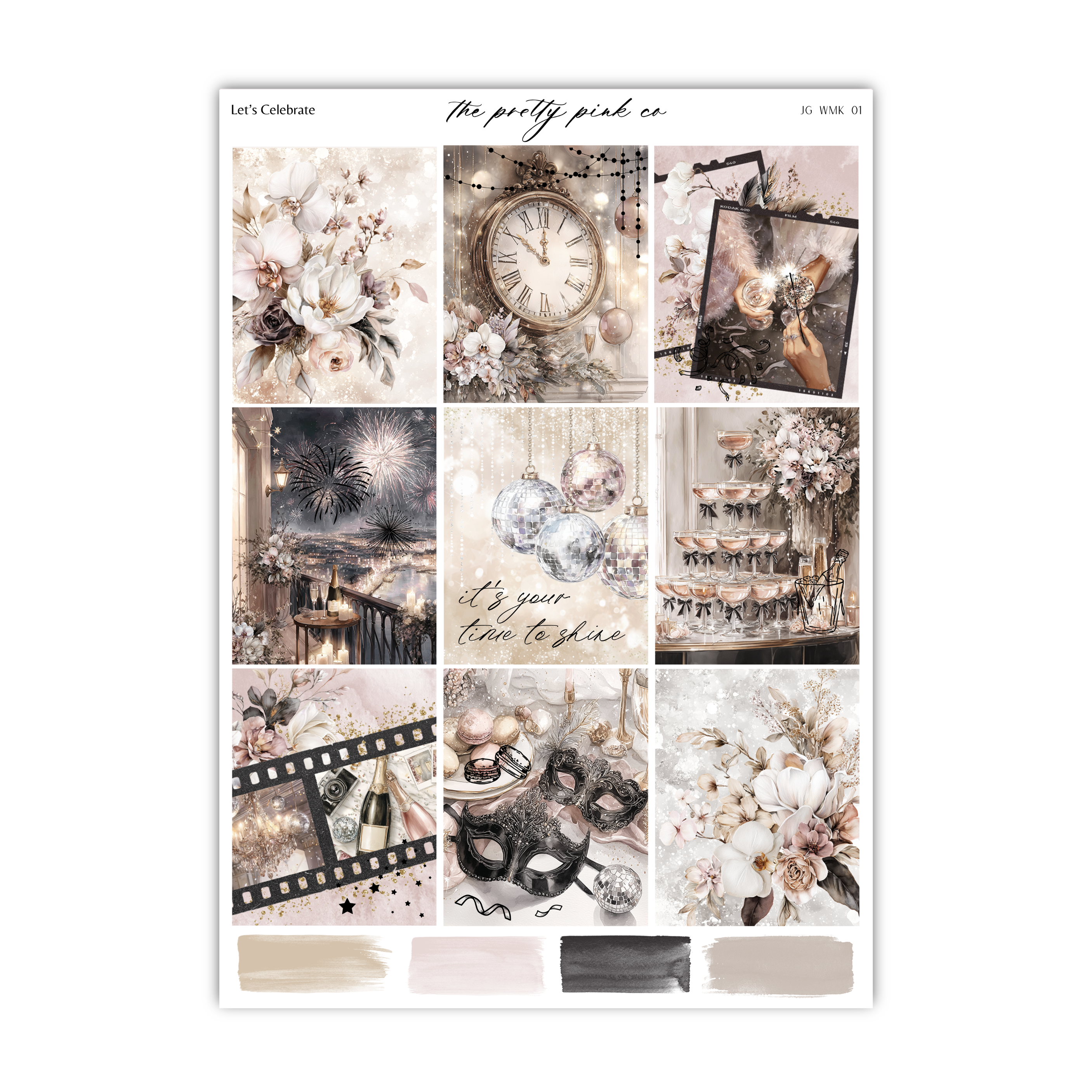 The image is a collage of various decorative and celebratory elements, including flowers, fireworks, champagne glasses, masks, and other festive items. The collage is titled "Let's Celebrate" and includes a clock, a person's hand, and a bouquet of flowers. The collage is presented in a visually appealing and artistic manner, showcasing the beauty and excitement of a celebration.