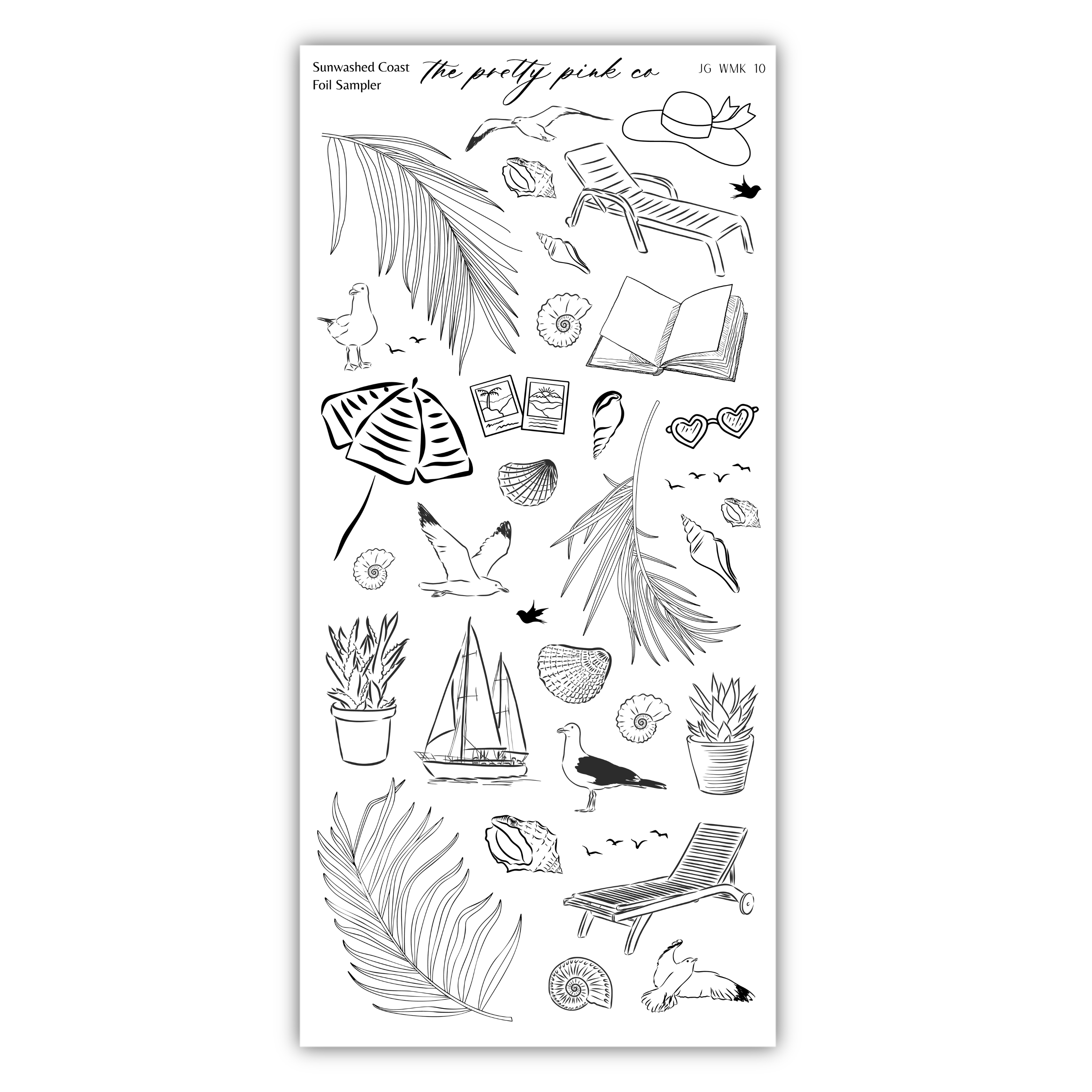 various black and white illustrations of tropical elements, such as palm leaves, flowers, birds, and other natural objects, arranged in a visually appealing manner.