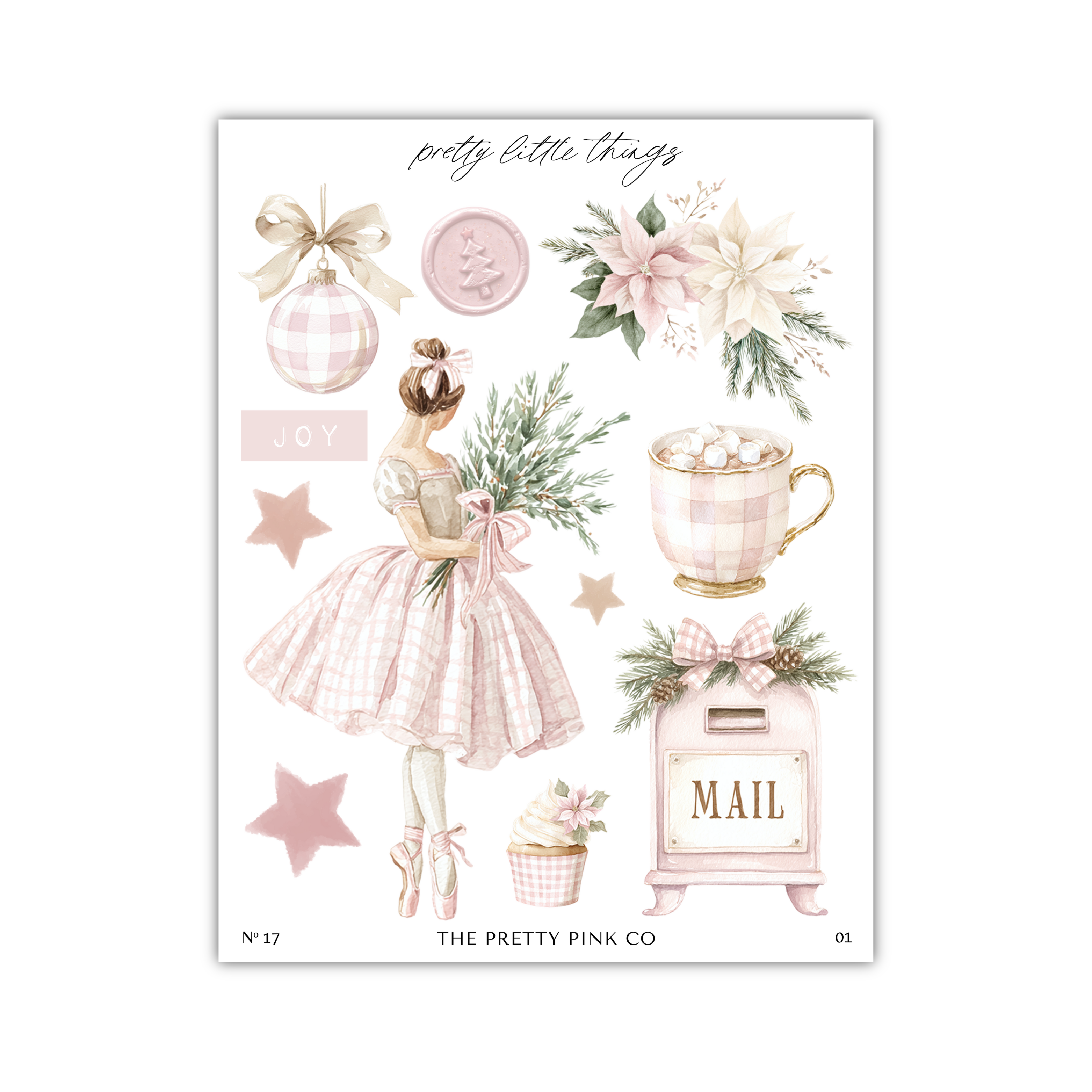 The image is a collage of various decorative elements, including a woman in a pink and white dress, a Christmas tree, flowers, a cup, a star, a mailbox, and a star.