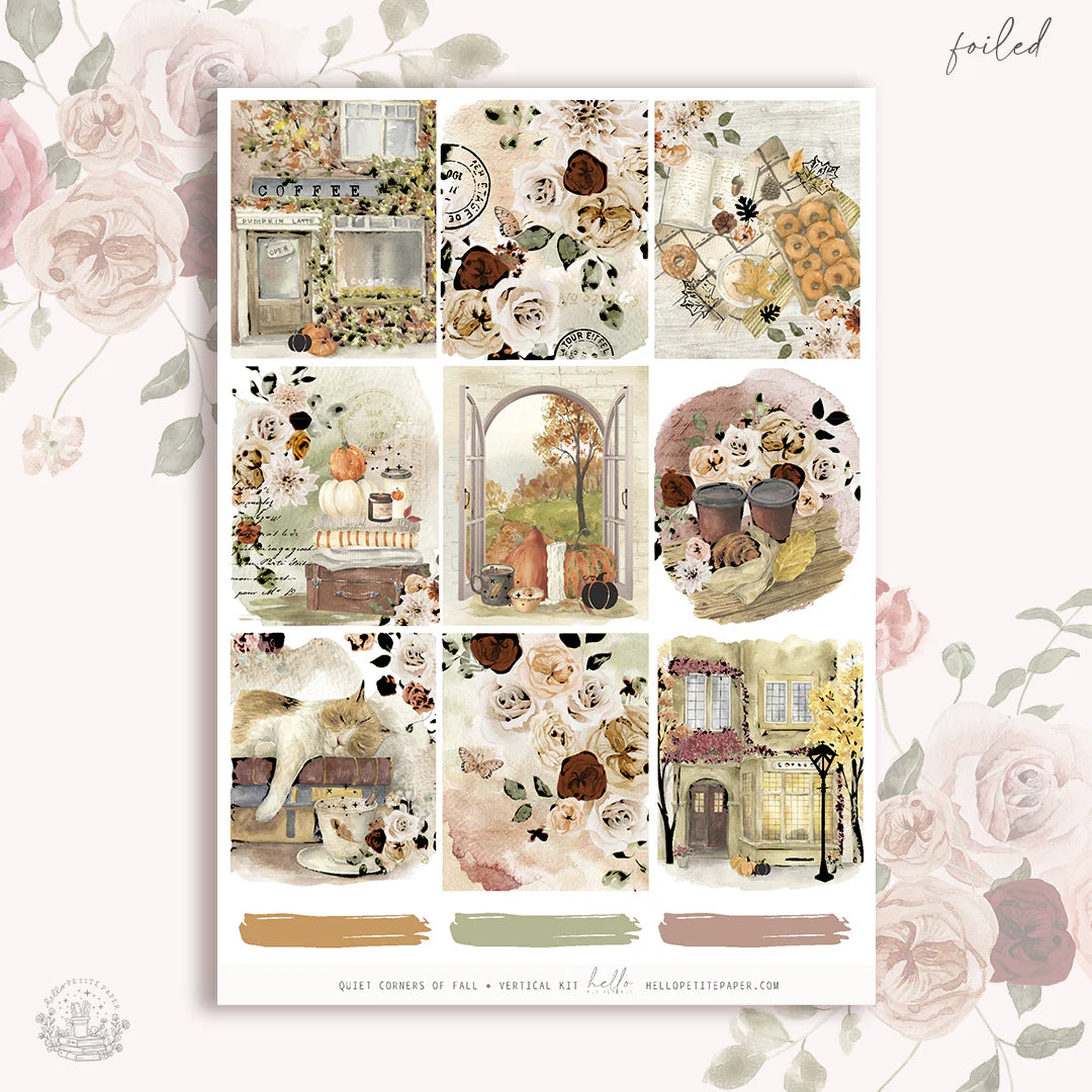 The image is a collage of nine different images, each depicting various scenes and objects related to fall and autumn. The images include floral arrangements, pumpkins, windows, and other seasonal elements. The collage is set against a background of pink and white flowers, creating a warm and cozy atmosphere.